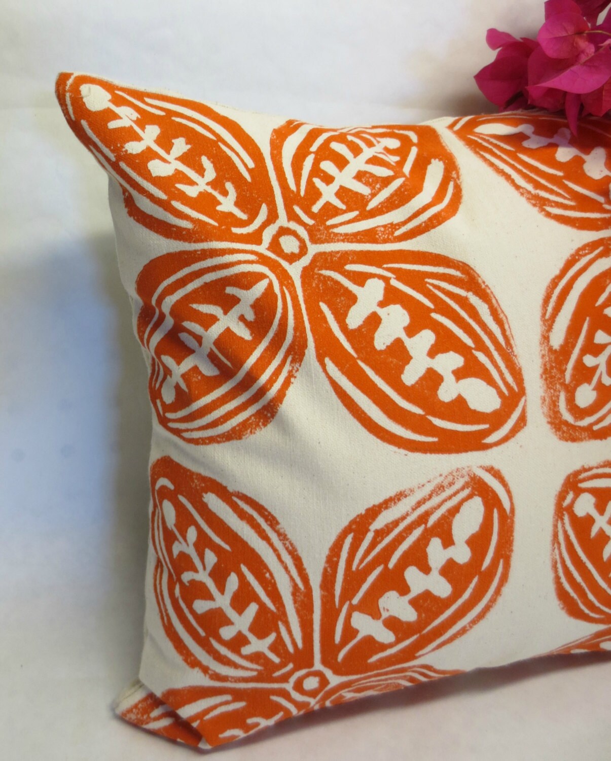 Orange Tribal Print Pillow: Hand Block Cream Cotton Canvas