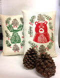 Christmas Moose or Bear Pillow: Hand Printed Woodland Decoration