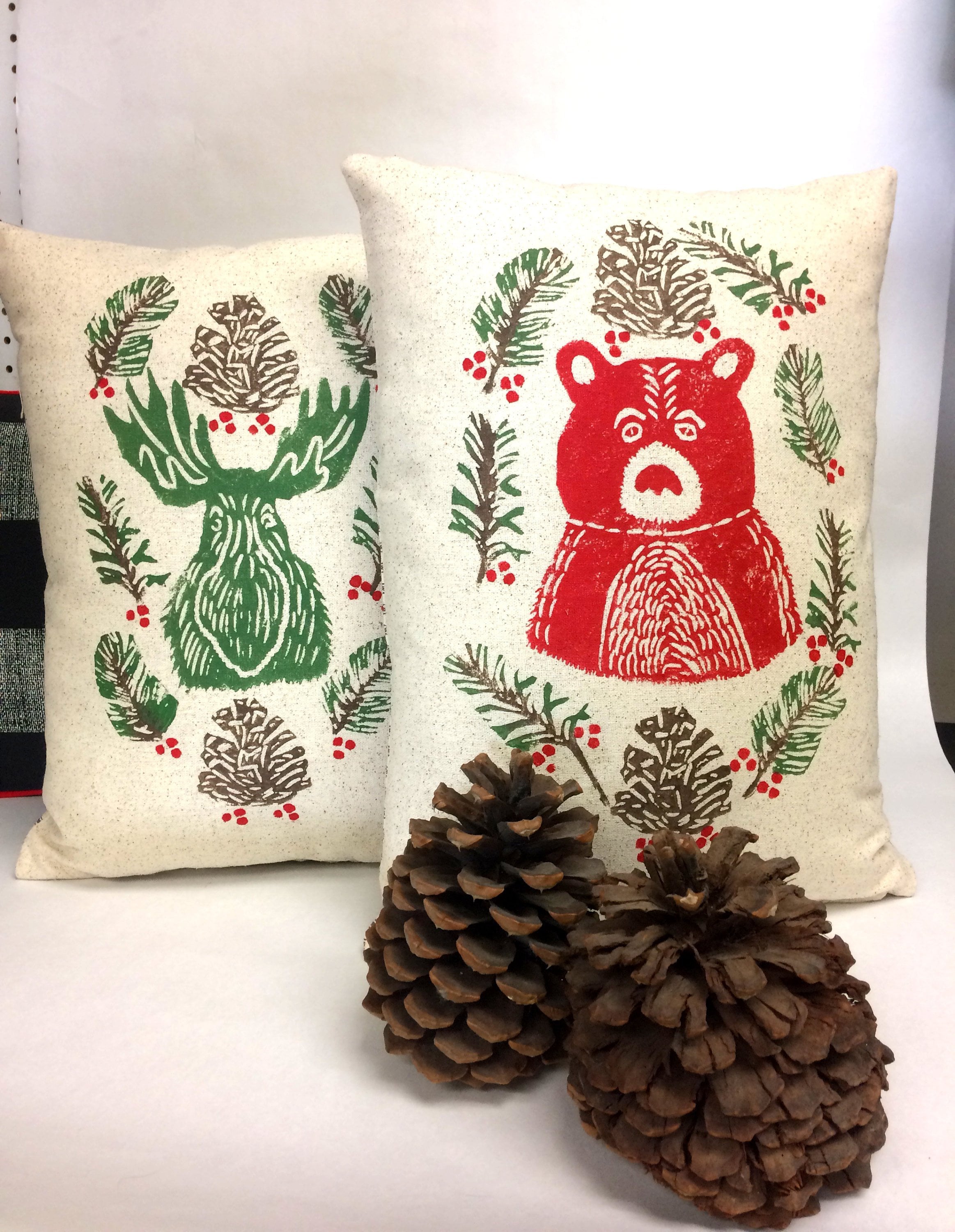 Christmas Moose or Bear Pillow: Hand Printed Woodland Decoration
