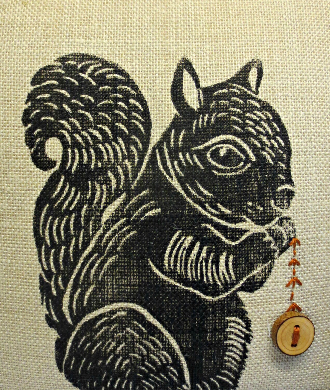 Squirrel Hand Block Printed Pillow: Rustic Cabin Decor