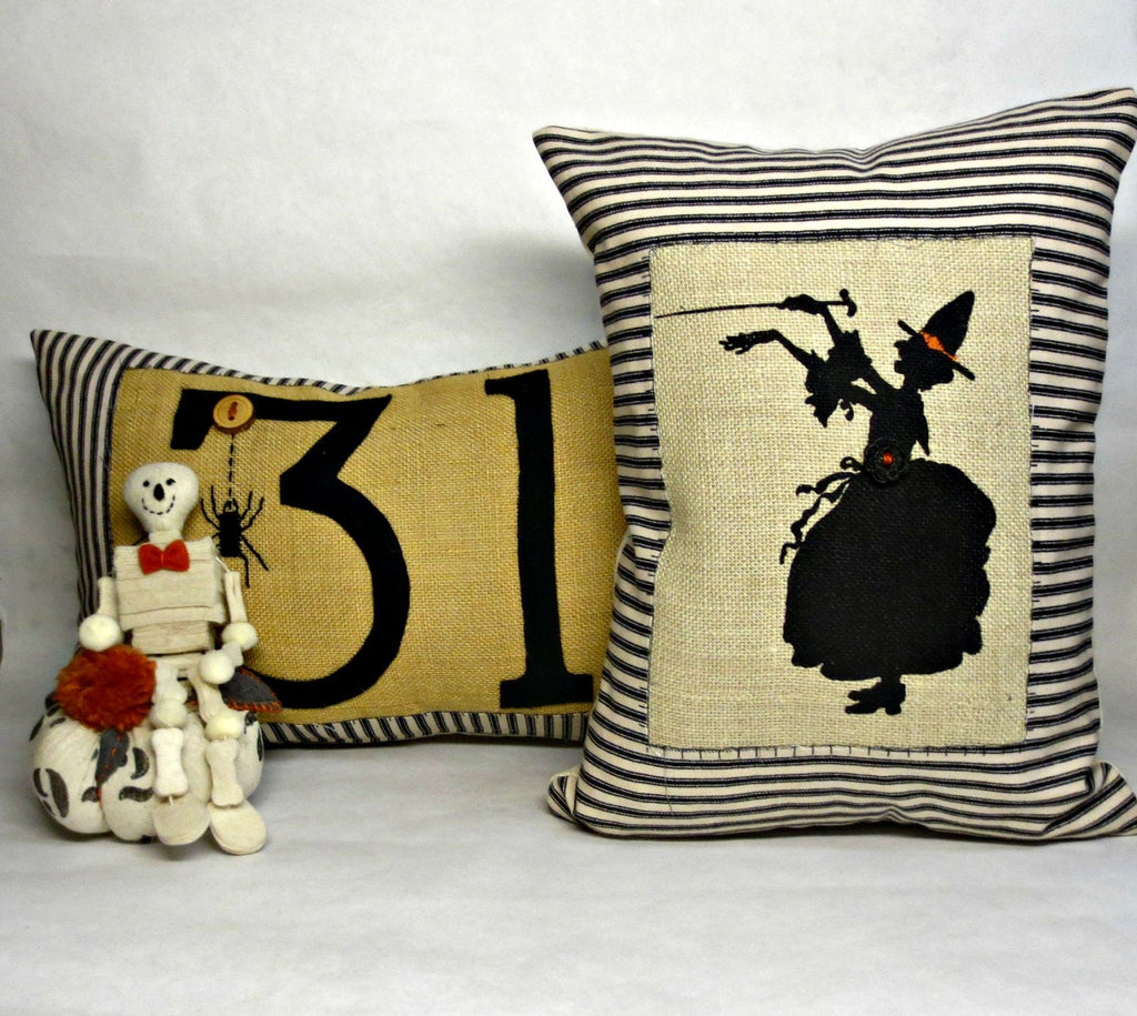 Wicked Witch Halloween Pillow: Burlap Silhouette, Orange Accents