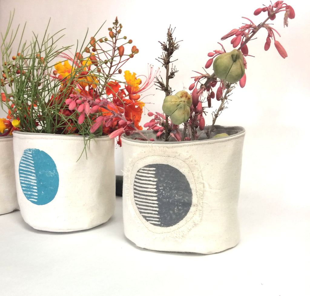 5” Circular Print Succulent / Plant Pot, Blockprinted Fabric Bucket