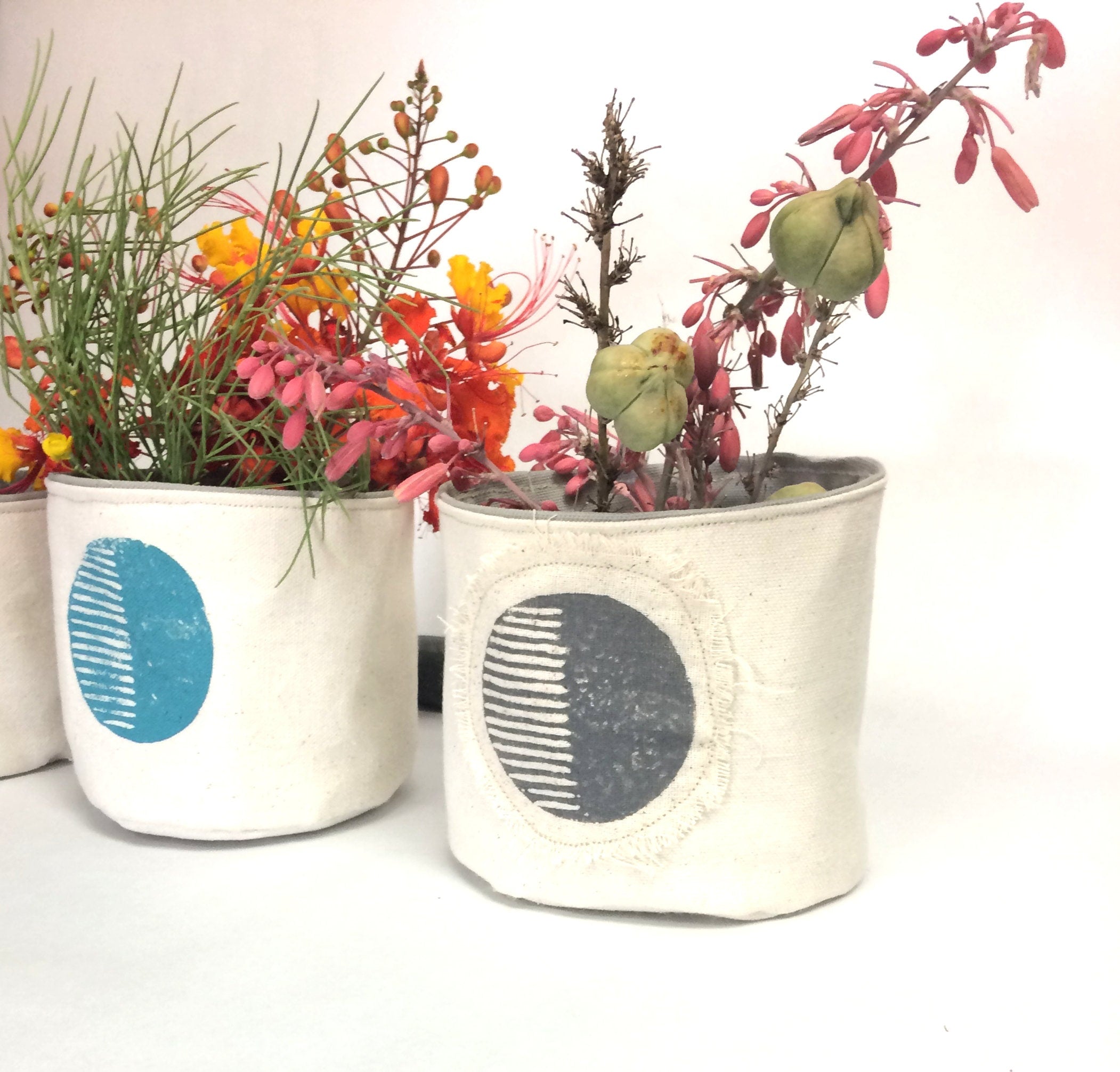 5” Circular Print Succulent / Plant Pot, Blockprinted Fabric Bucket