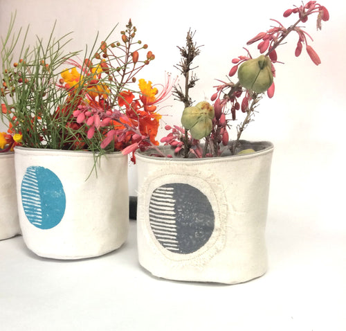 5” Circular Print Succulent / Plant Pot, Blockprinted Fabric Bucket