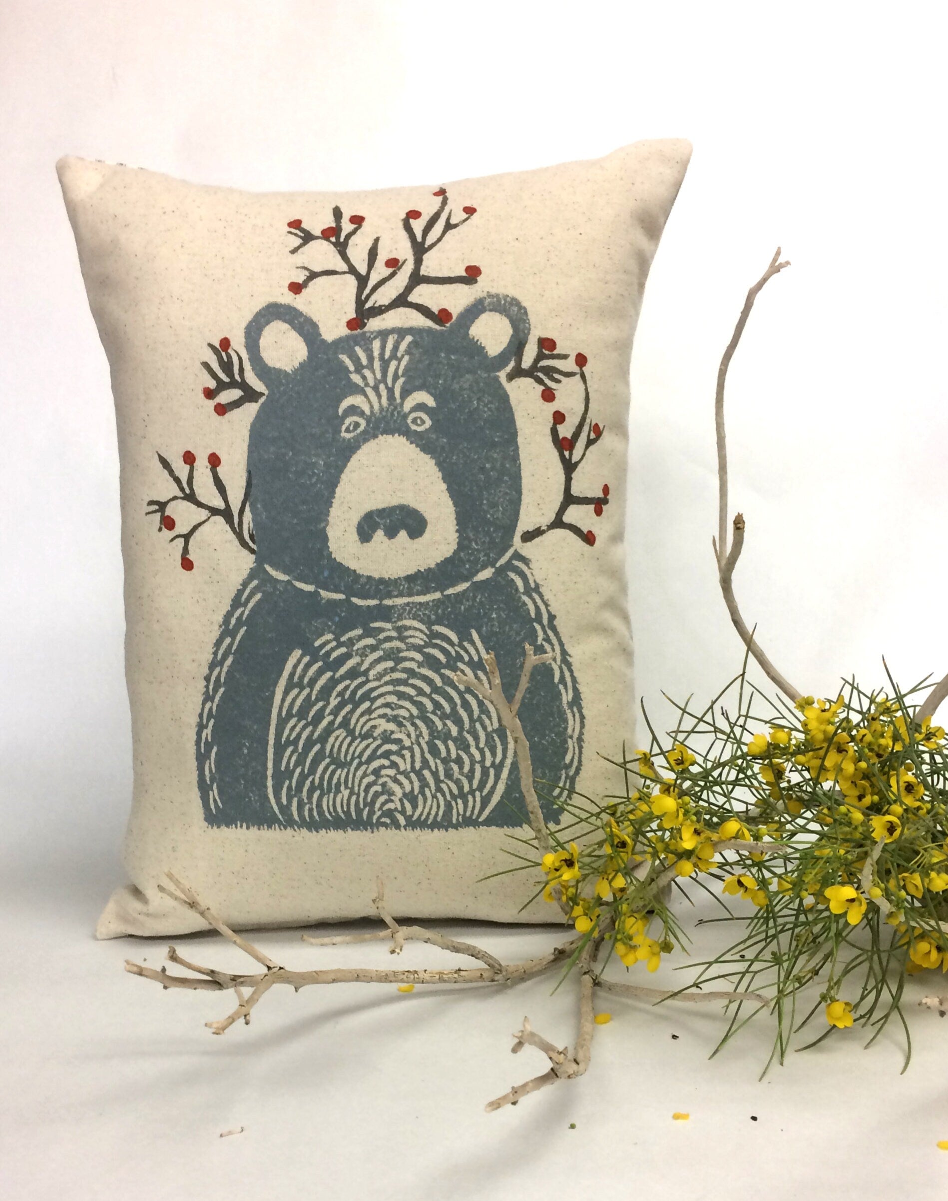 Hand Block Printed Woodland Animal Pillow: Rabbit or Bear Print