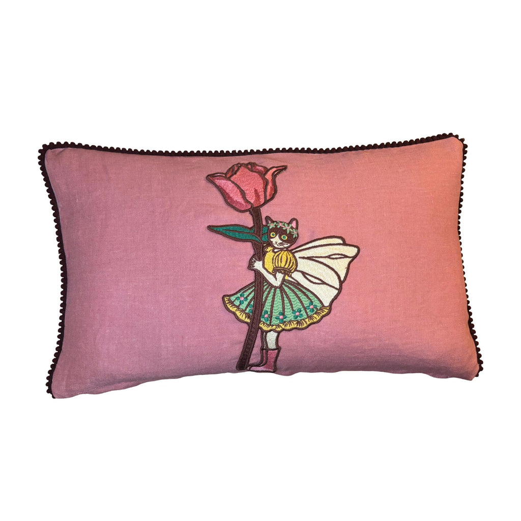 Embroidered Linen Cat Pillow – Whimsical Tulip Flower Design