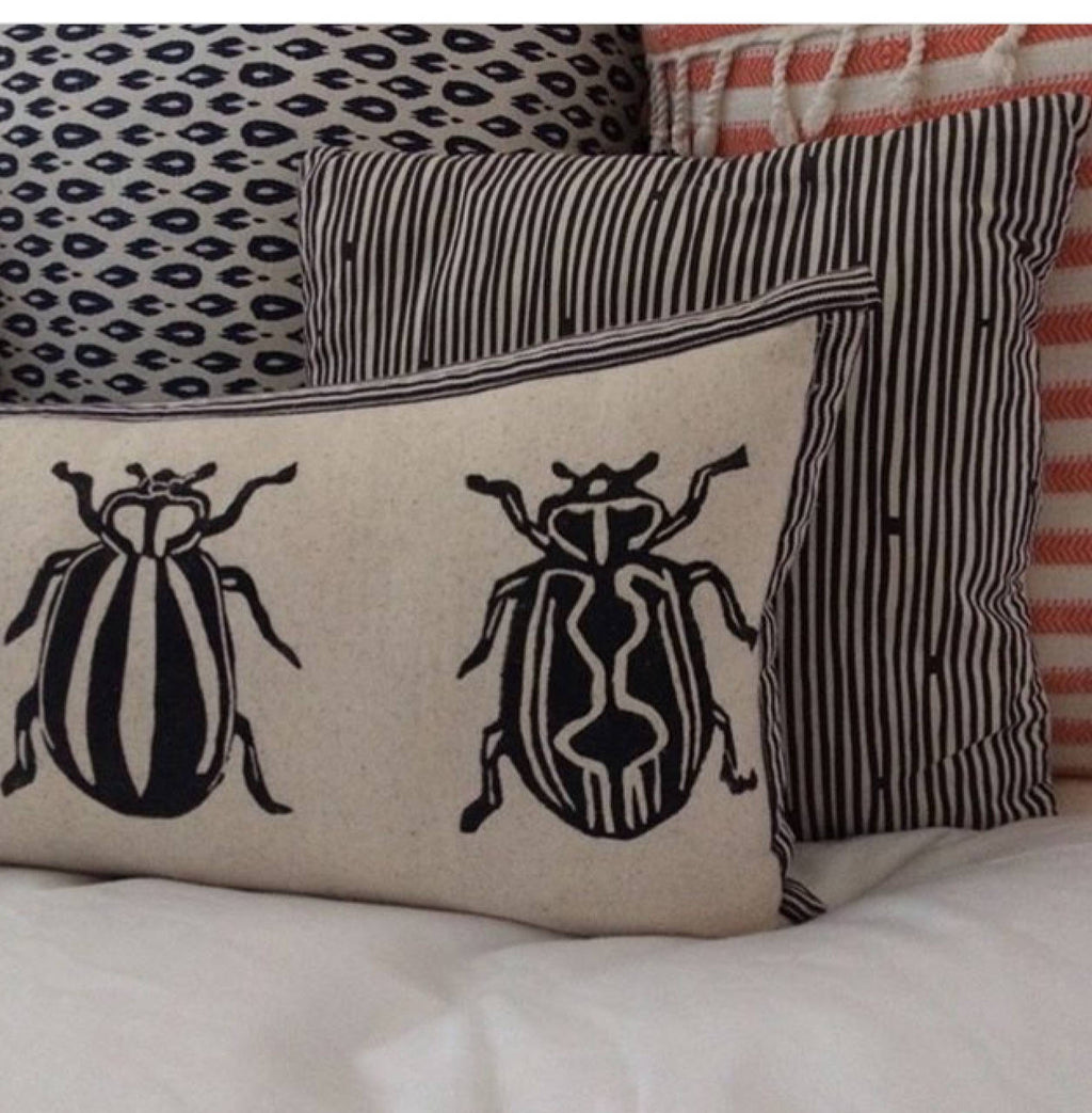 Insect Print Kidney Pillow: Hand Block Printed Decorative Pillow