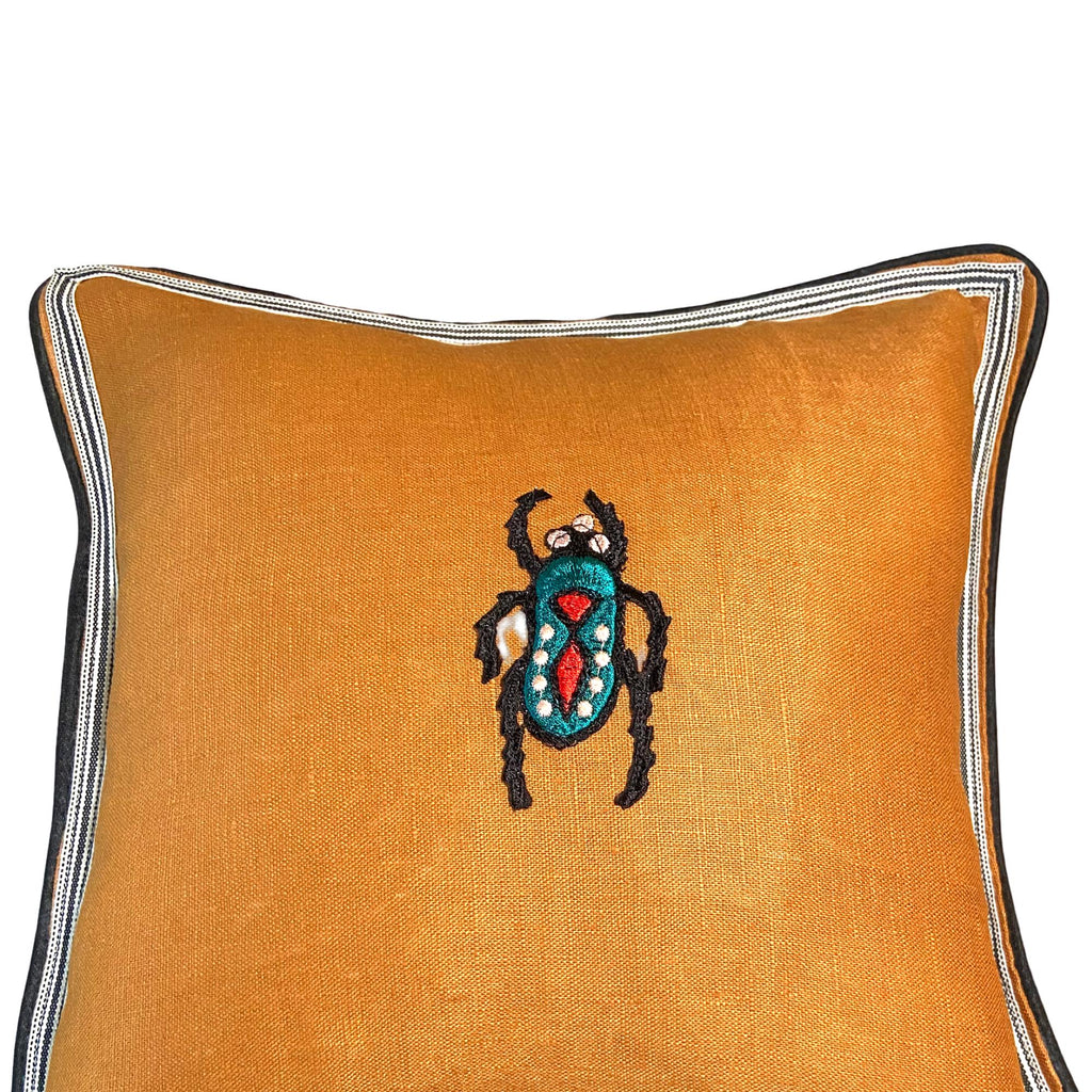 Caramel Brown Linen Beetle Embroidery Pillow: Insect Decorative Cushion