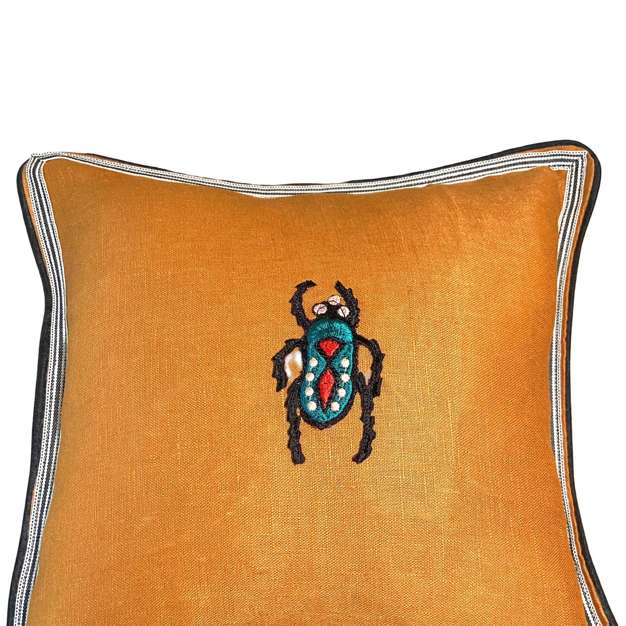 Caramel Brown Linen Beetle Embroidery Pillow: Insect Decorative Cushion