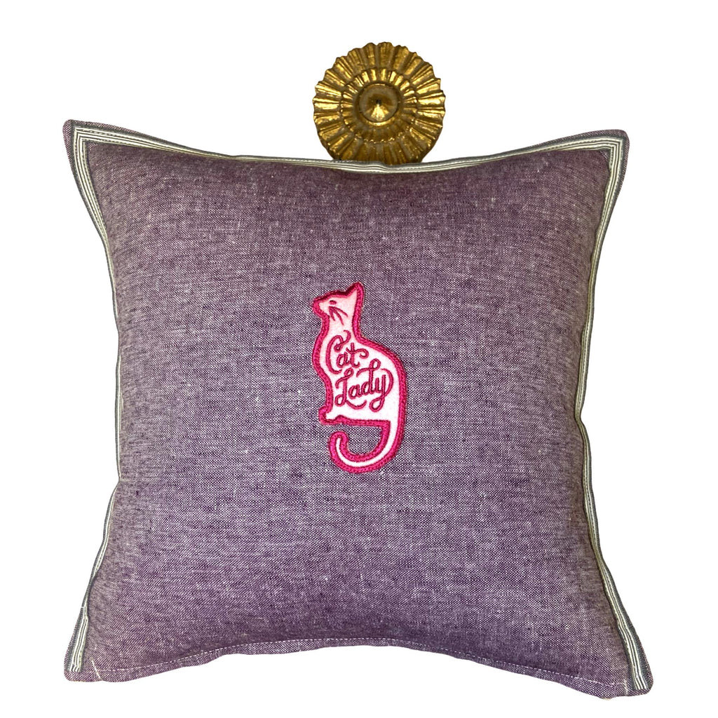 Embroidered Cat Silhouette Linen Pillow - Decorative Throw Pillow