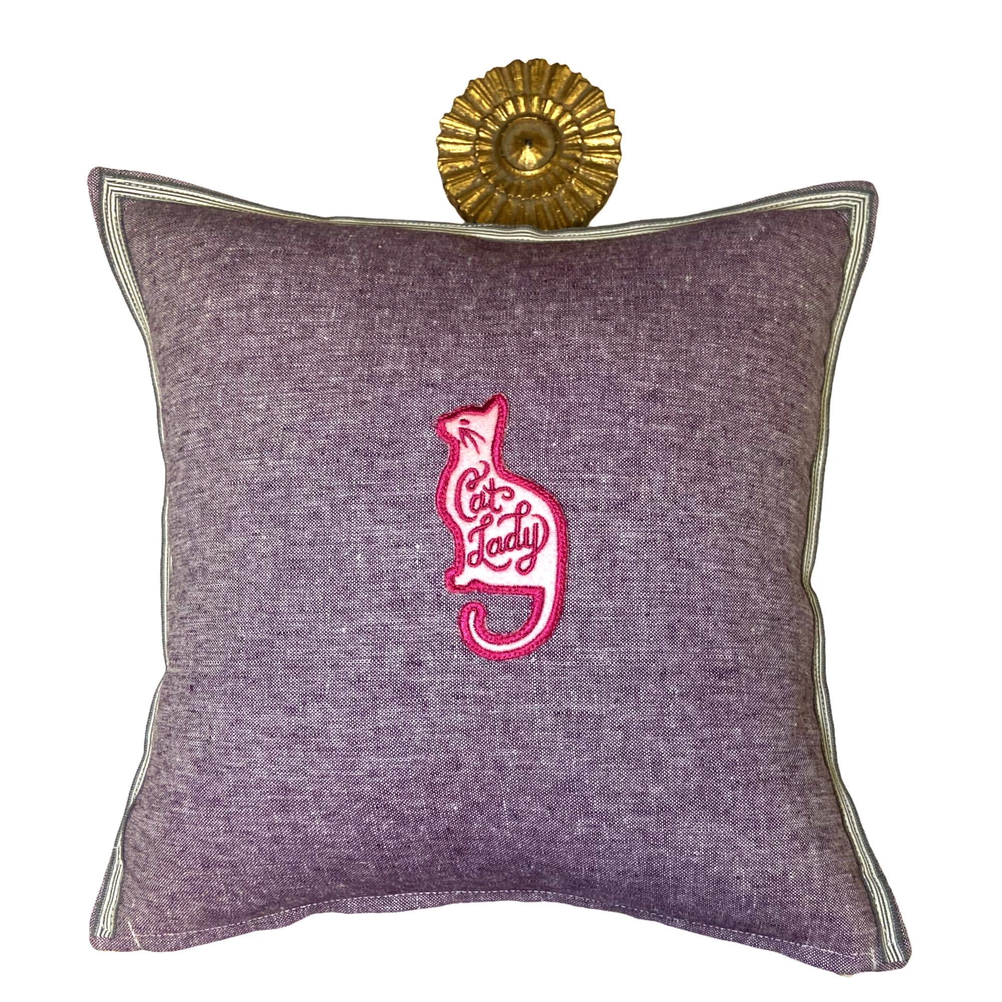 Embroidered Cat Silhouette Linen Pillow - Decorative Throw Pillow