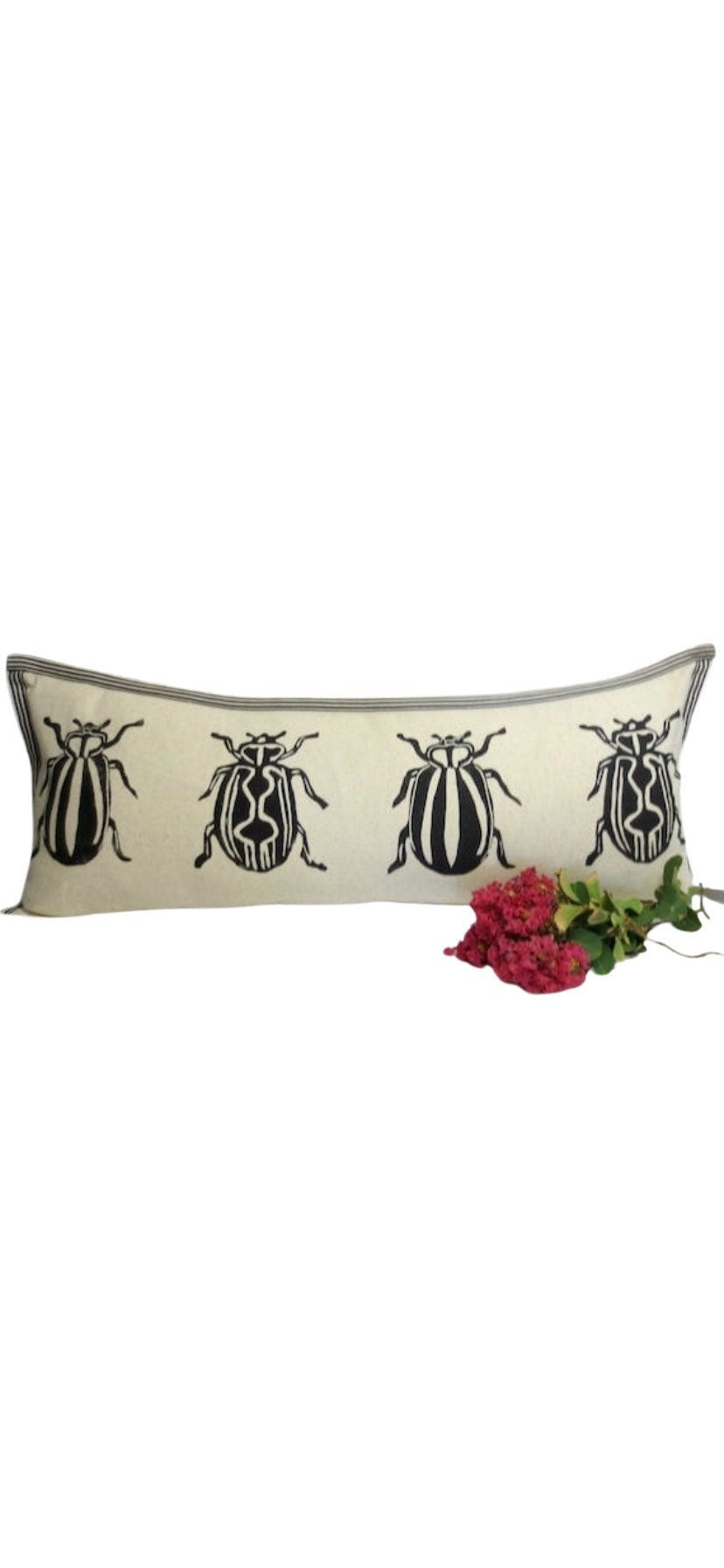 Insect Print Kidney Pillow: Hand Block Printed Decorative Pillow