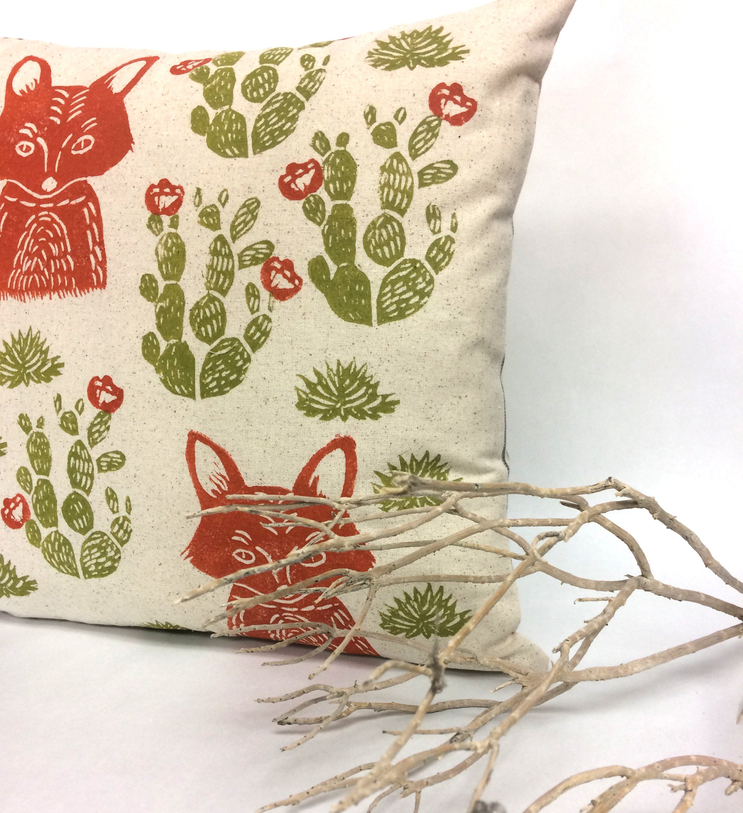 Hand Block Printed Fox Pillow: Desert Cactus Print, Beige Cotton