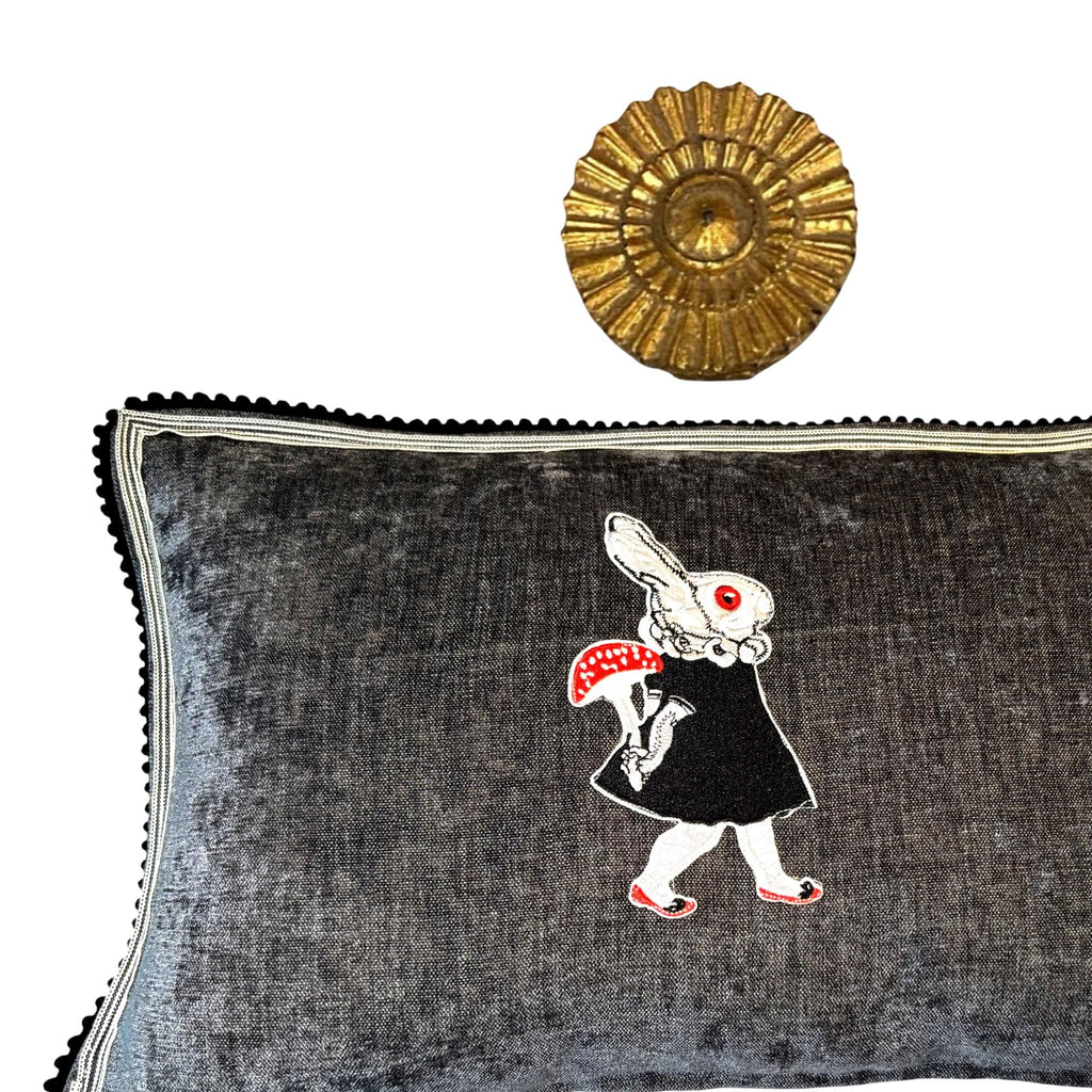 Embroidered Rabbit Pillow – Whimsical Gothic Chenille Cushion (12"x20")