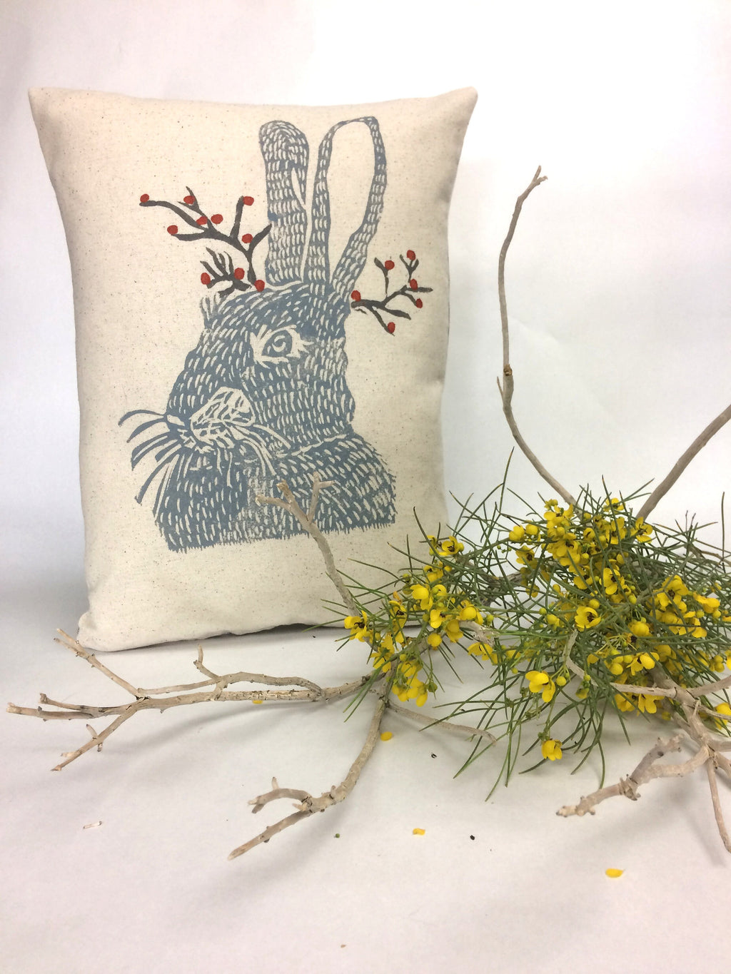 Hand Block Printed Woodland Animal Pillow: Rabbit or Bear Print