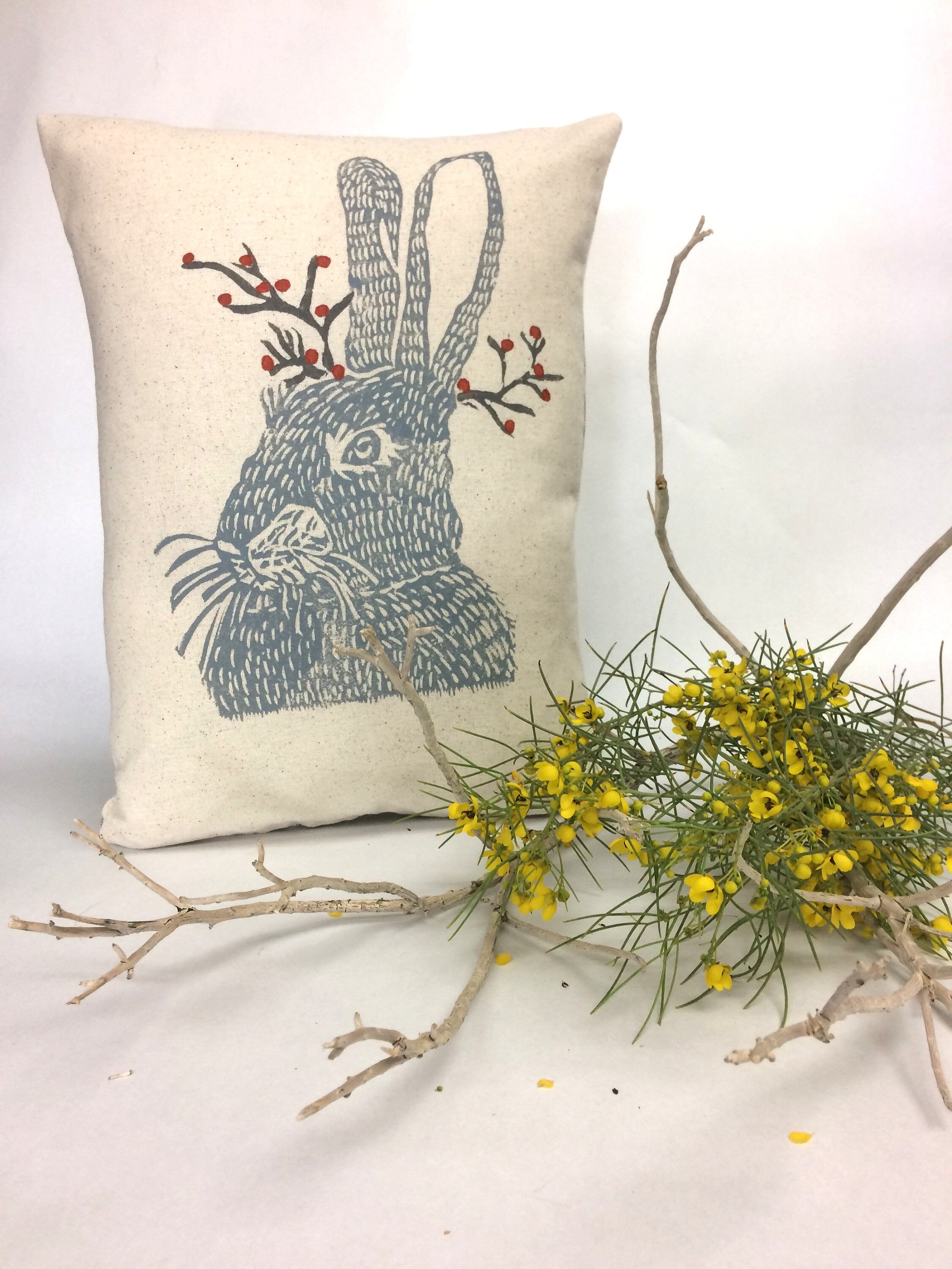 Hand Block Printed Woodland Animal Pillow: Rabbit or Bear Print