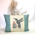 Blue Linen Hummingbird Pillow: Appliqued Floral Accent