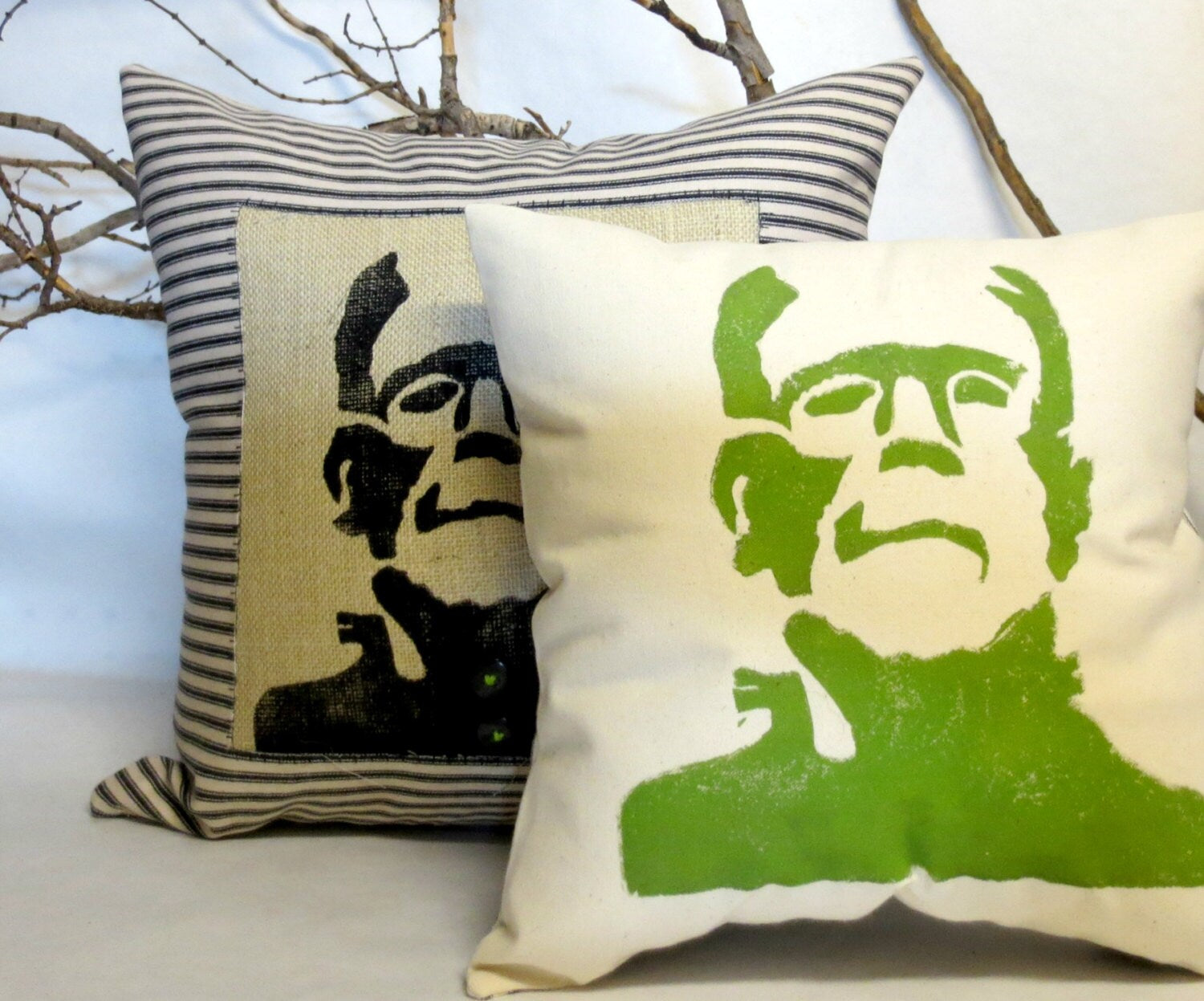 Frankenstein Halloween Pillow: Gothic Print, Ticking Fabric