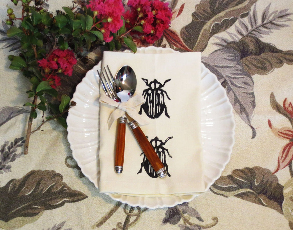 Set of Four Ivory Cotton Napkin with Hand Print Beetle / Insects / Bugs Design