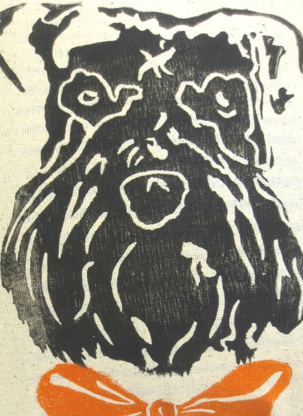 Hand Block Printed Schnauzer Pillow: Striped Ticking Fabric, Bow Tie Accent