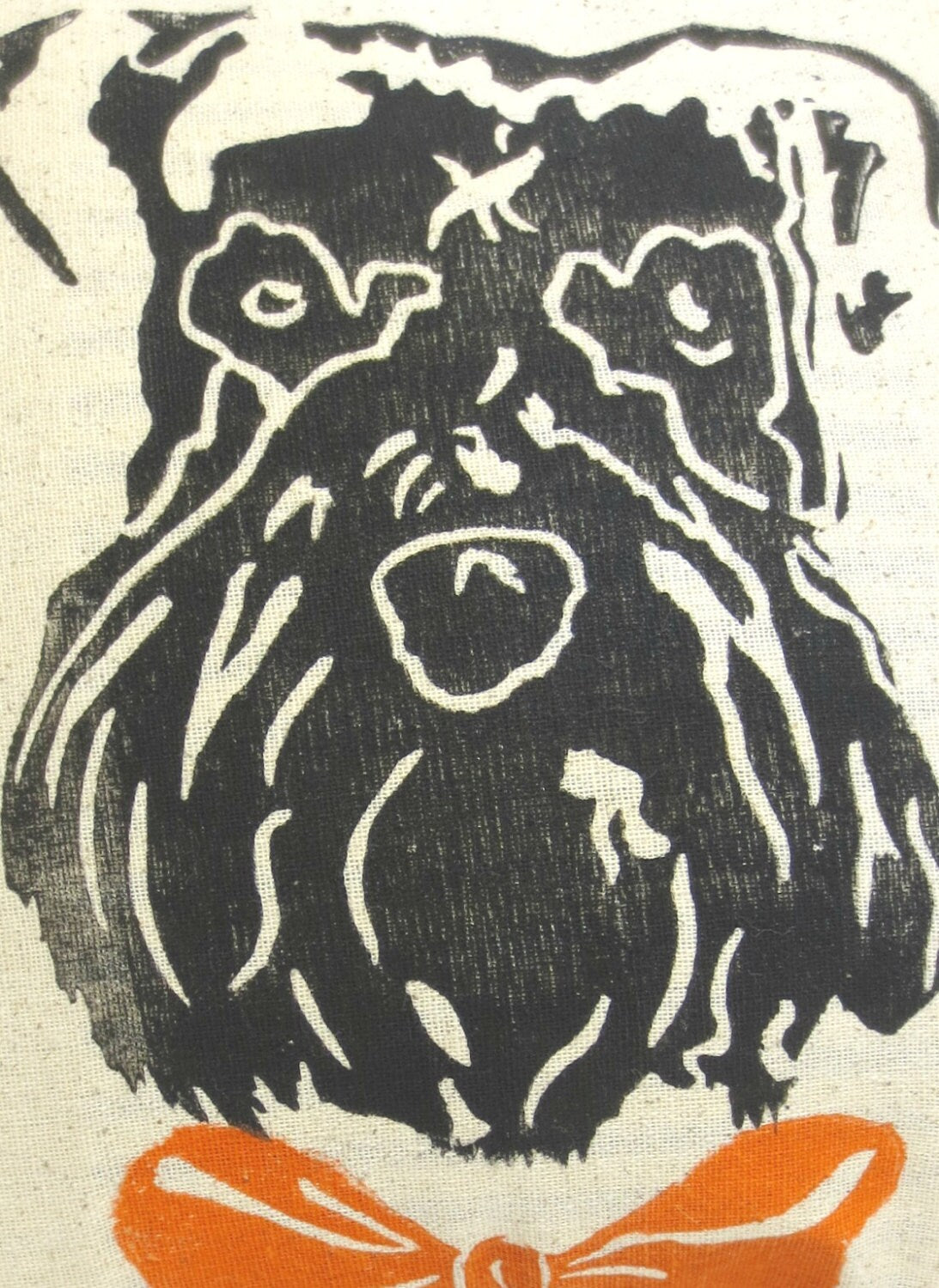 Hand Block Printed Schnauzer Pillow: Striped Ticking Fabric, Bow Tie Accent