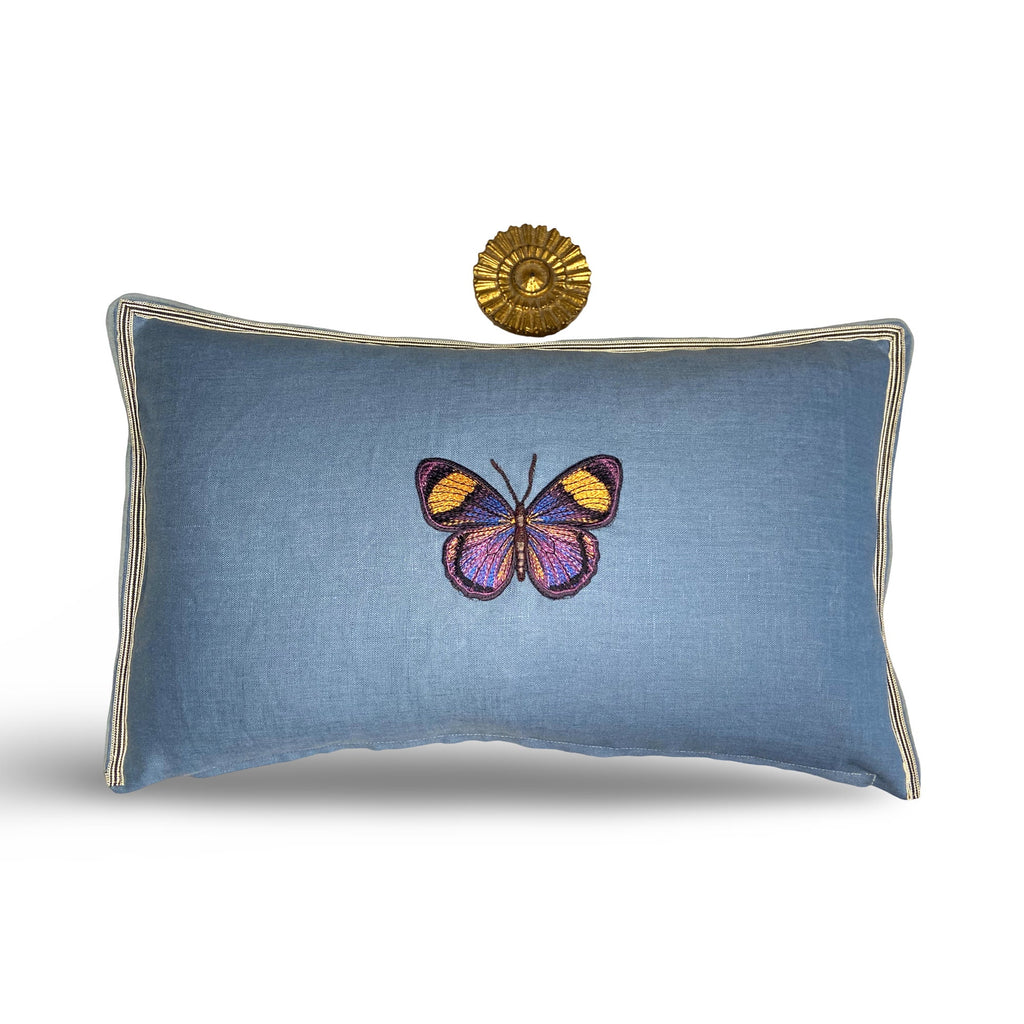 Butterfly Aqua Blue Green Embroidered  Linen Pillow - Embroidery Pillow