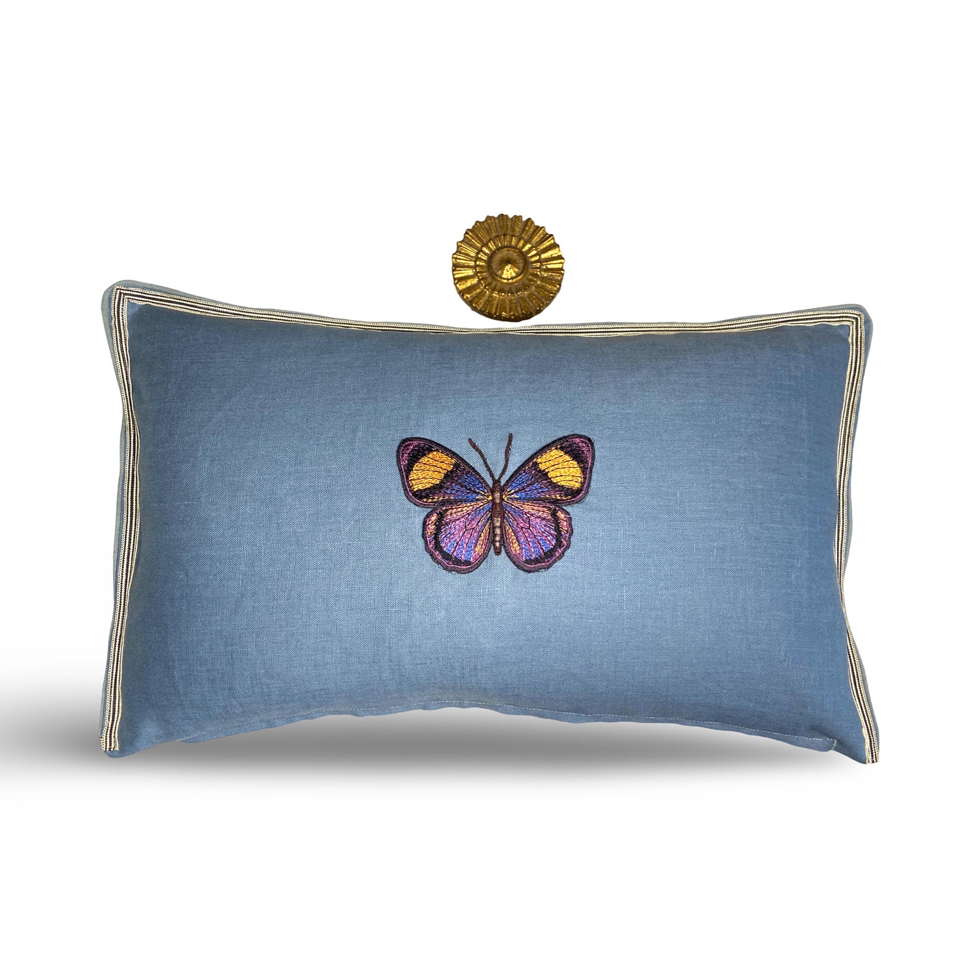 Butterfly Aqua Blue Green Embroidered  Linen Pillow - Embroidery Pillow