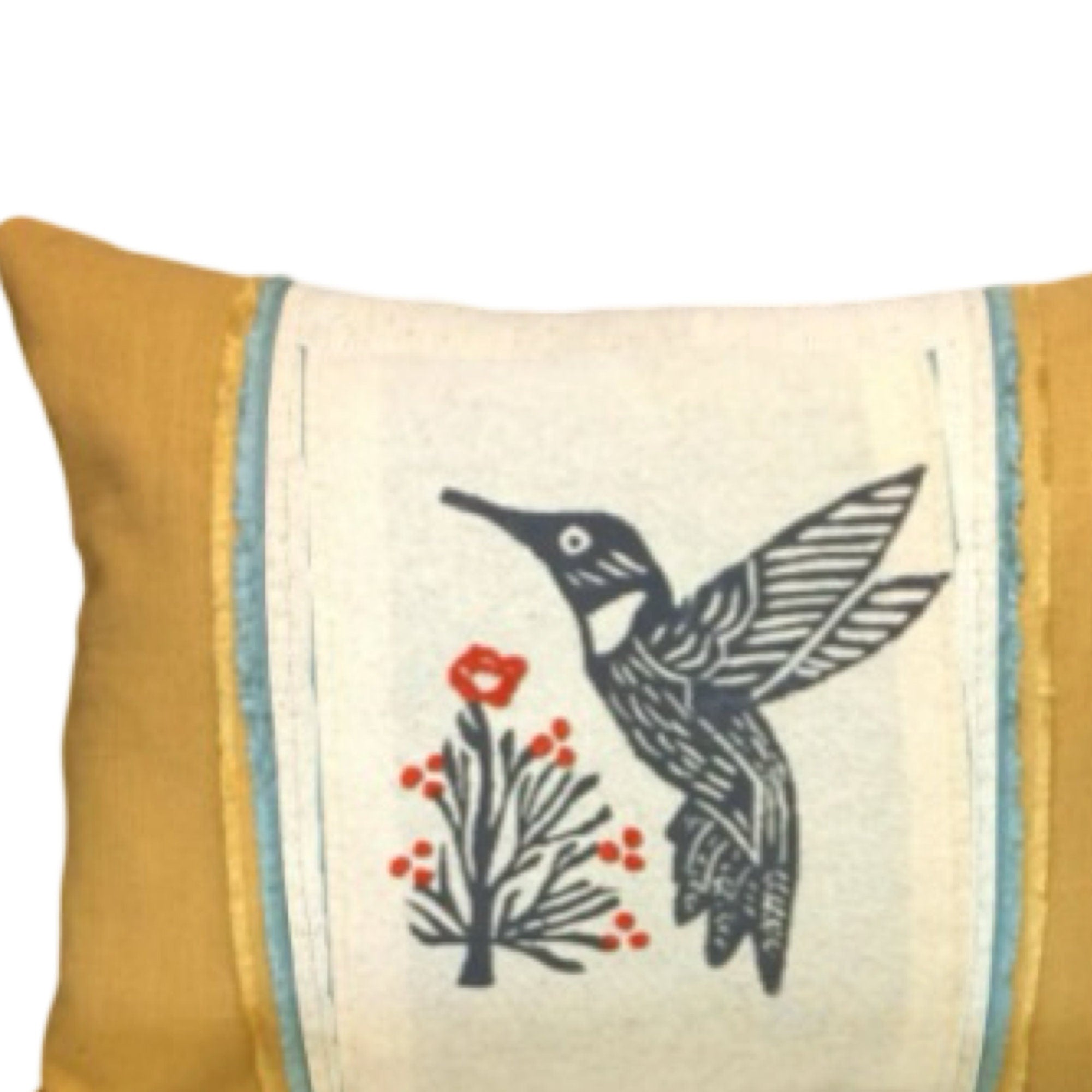 Blue Linen Hummingbird Pillow: Appliqued Floral Accent