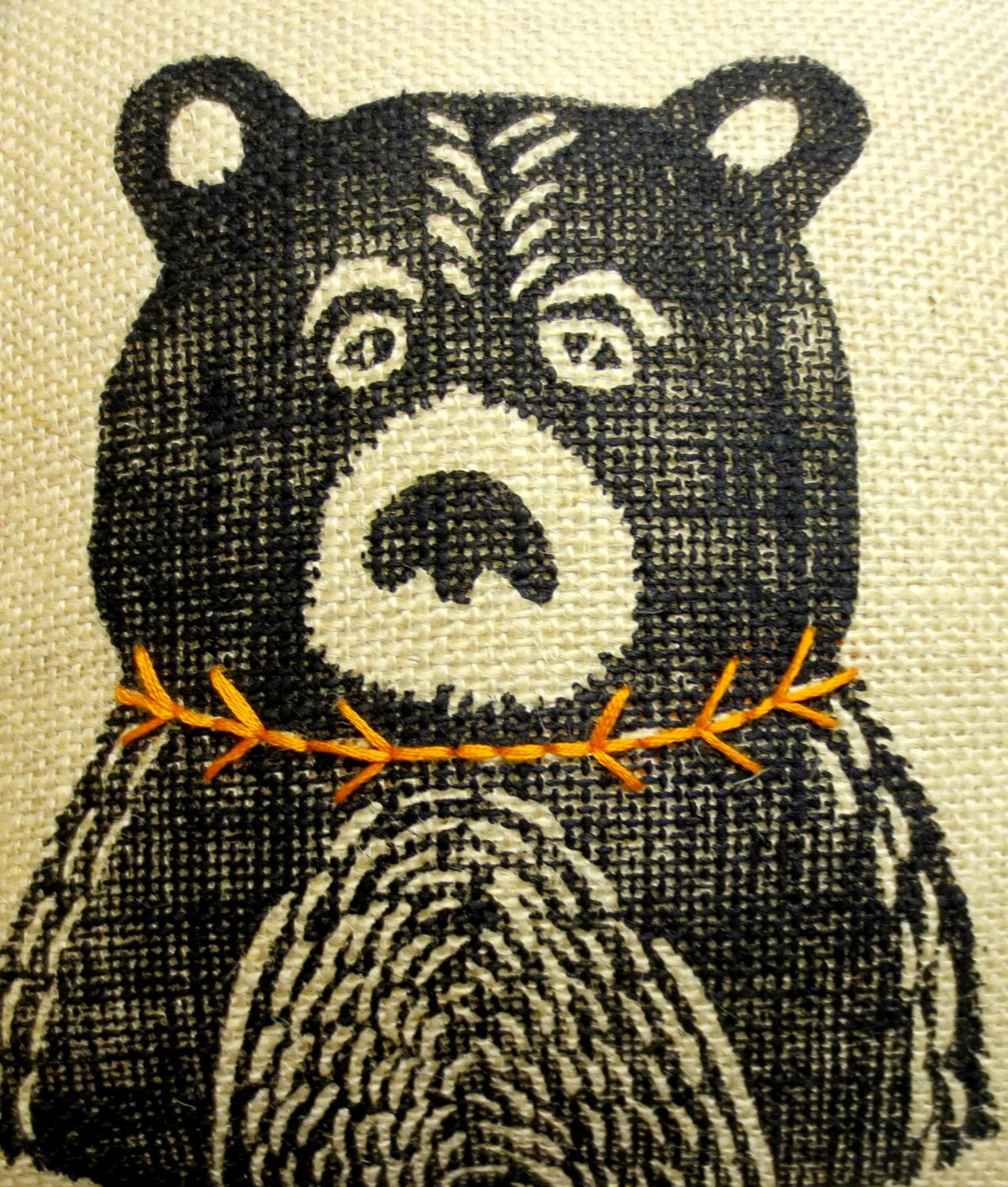 Hand Printed Bear Pillow: Ticking Stripe Decorative Pillow