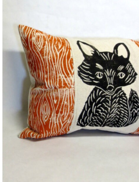 Woodland Fox Pillow: Hand Carved Print, Rustic Cabin Decor