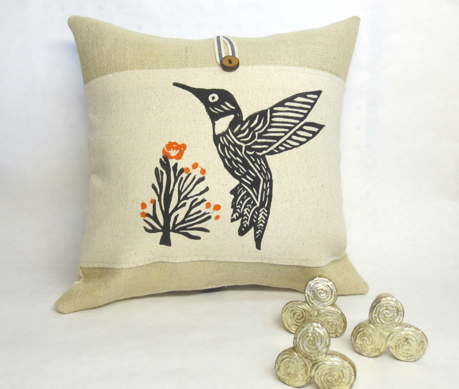 Hummingbird Pillow Cover: Hand Block Print, Orange Floral Accent