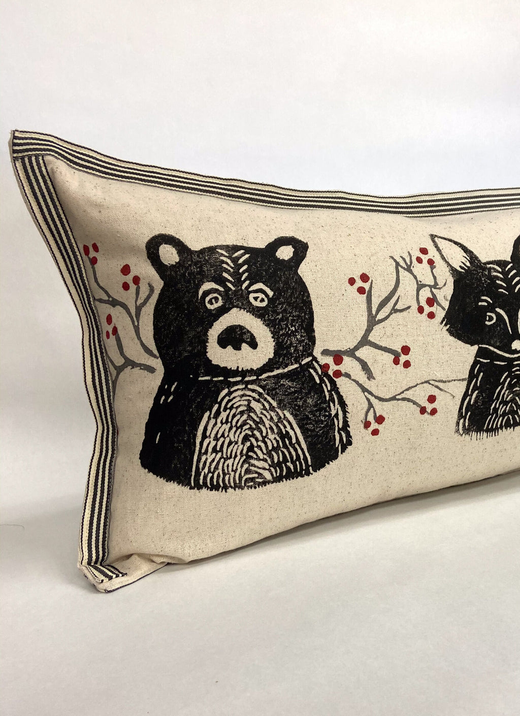 Woodland Bear and Fox Print Kidney Pillow: Hand Printed Decorative Pillow
