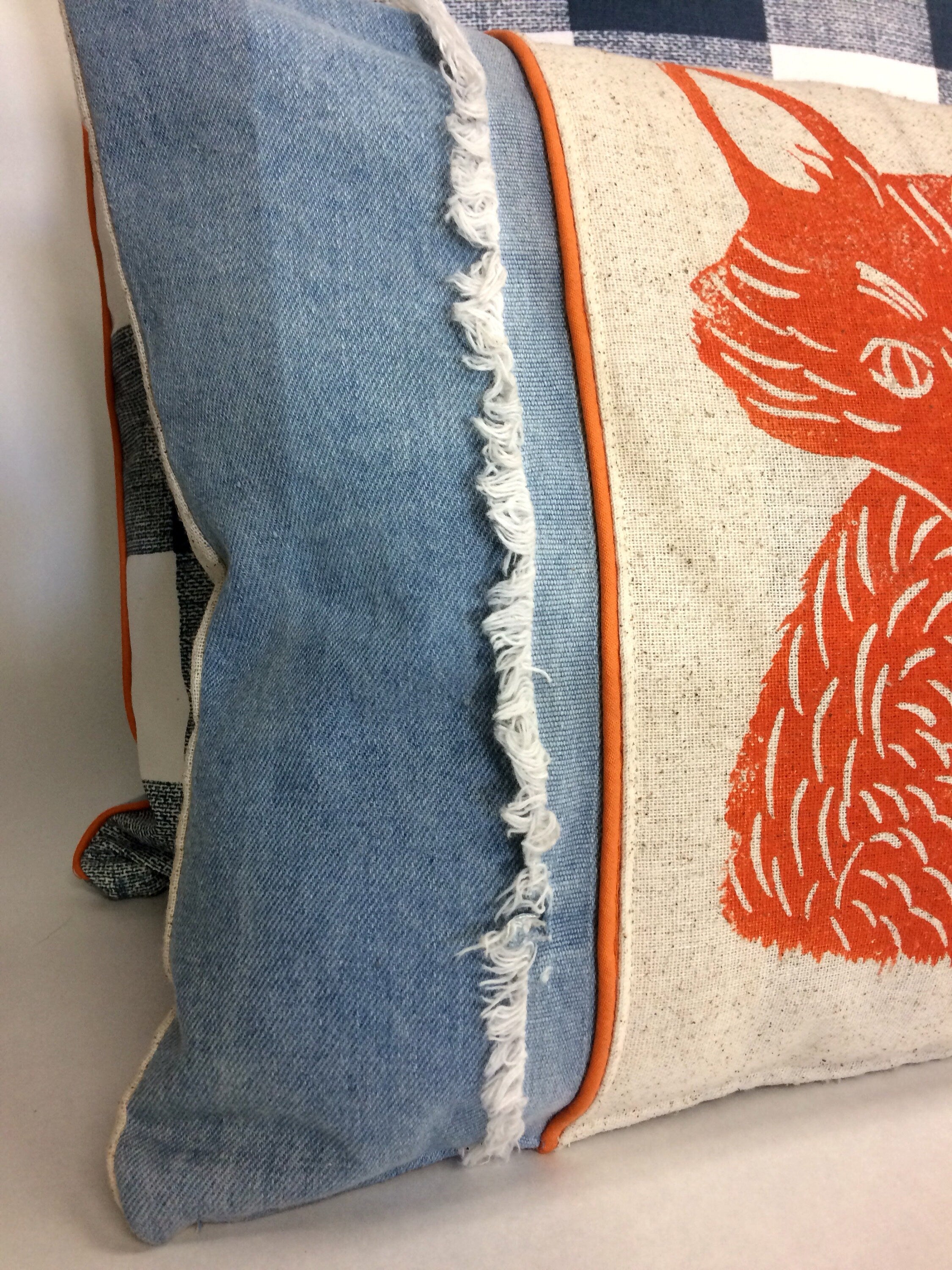 Fox Print Denim Pillow: Hand Carved Woodland Nursery Decor