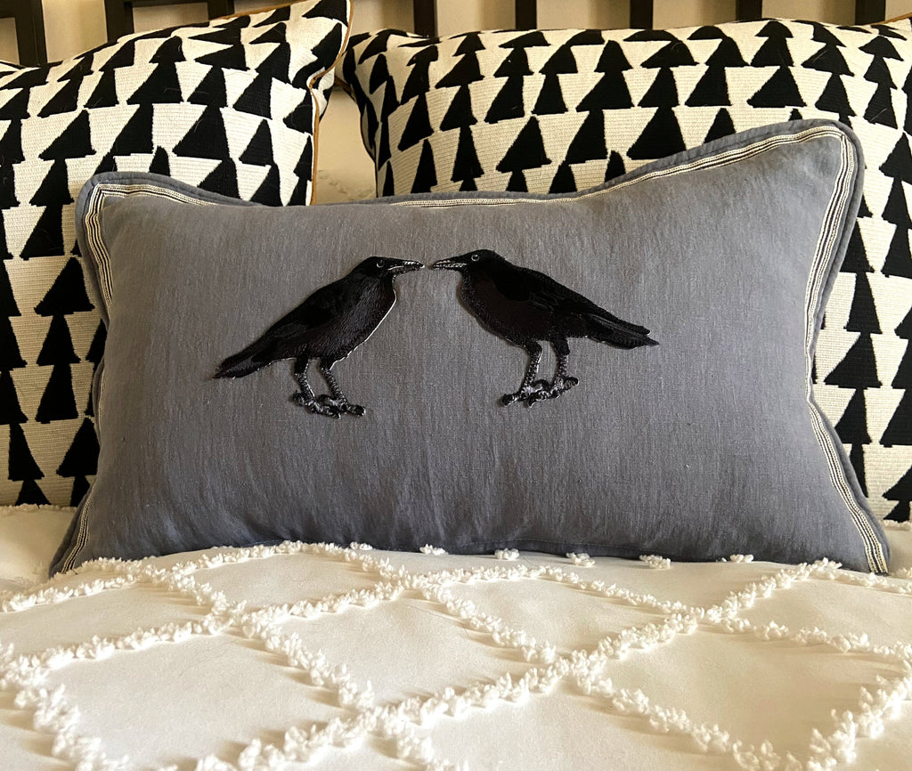 Slate Blue Embroidered Crow Raven Bird Linen Pillow