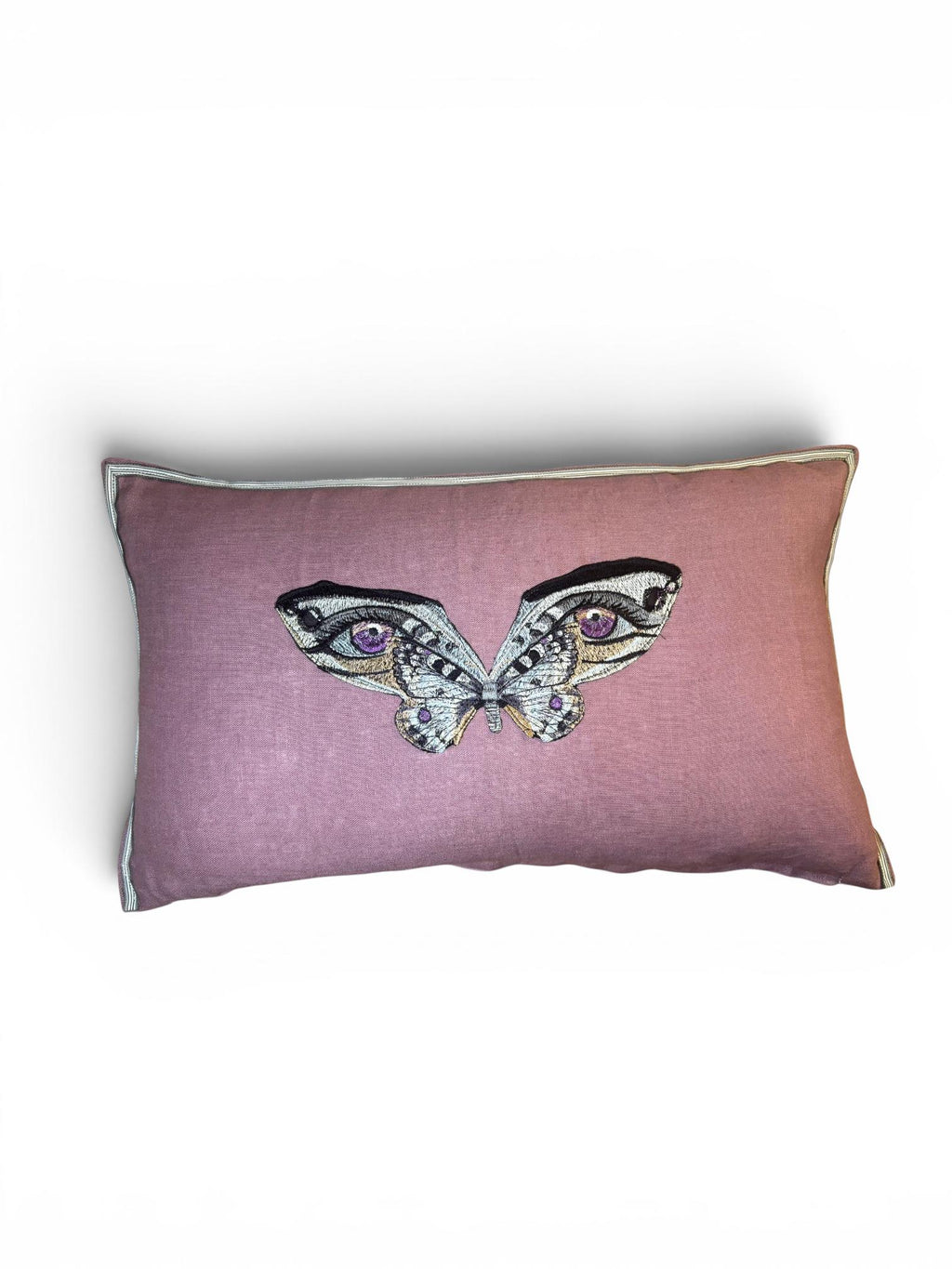 Butterfly Lavender Purple and Grey Embroidered  Linen Pillow - Embroidery Pillow