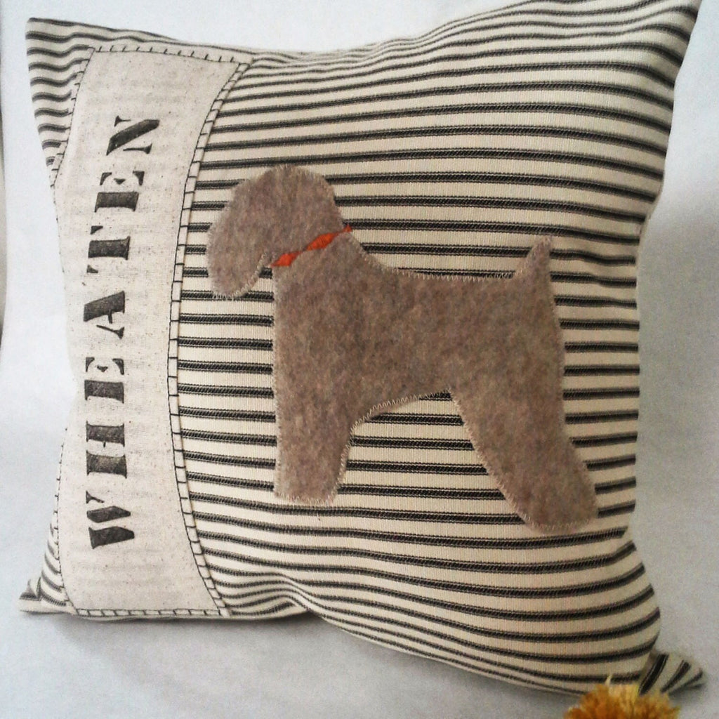 Wheaten Terrier Pillow: Ticking Stripe Dog Silhouette, Custom Name Available