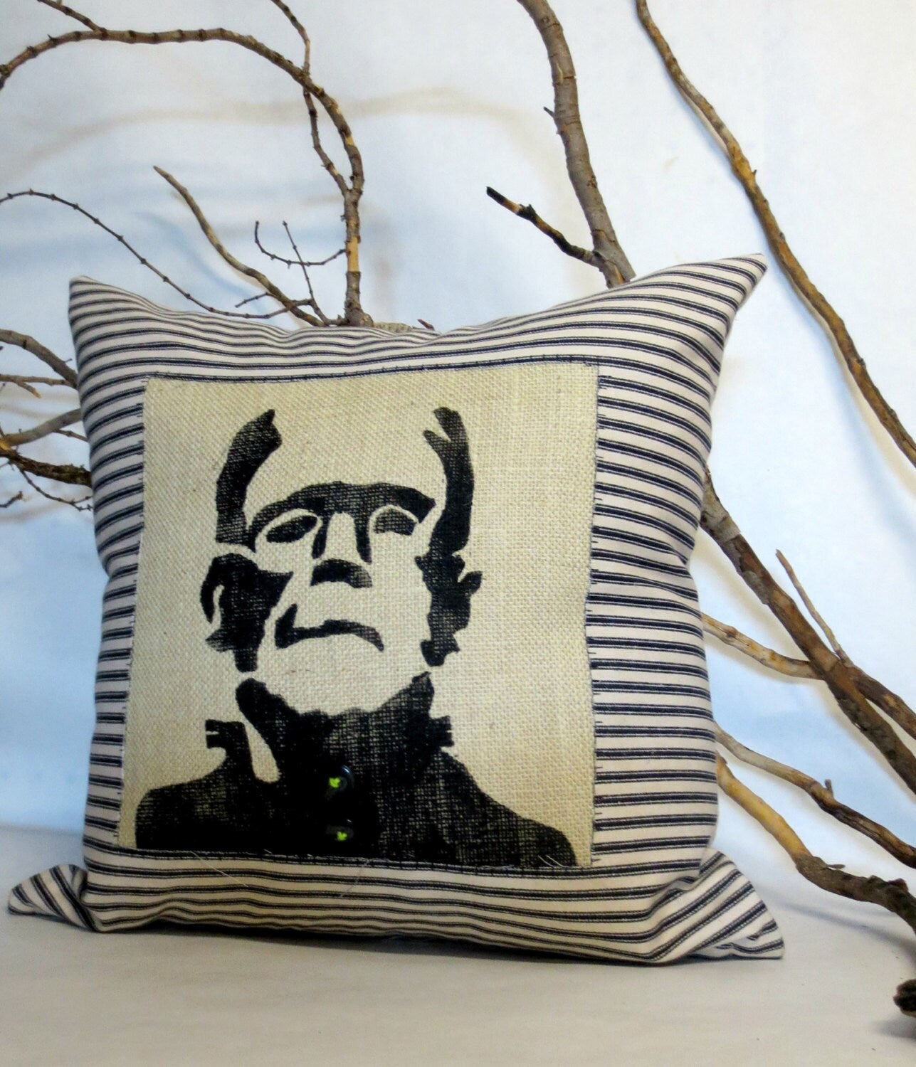 Frankenstein Halloween Pillow: Gothic Print, Ticking Fabric