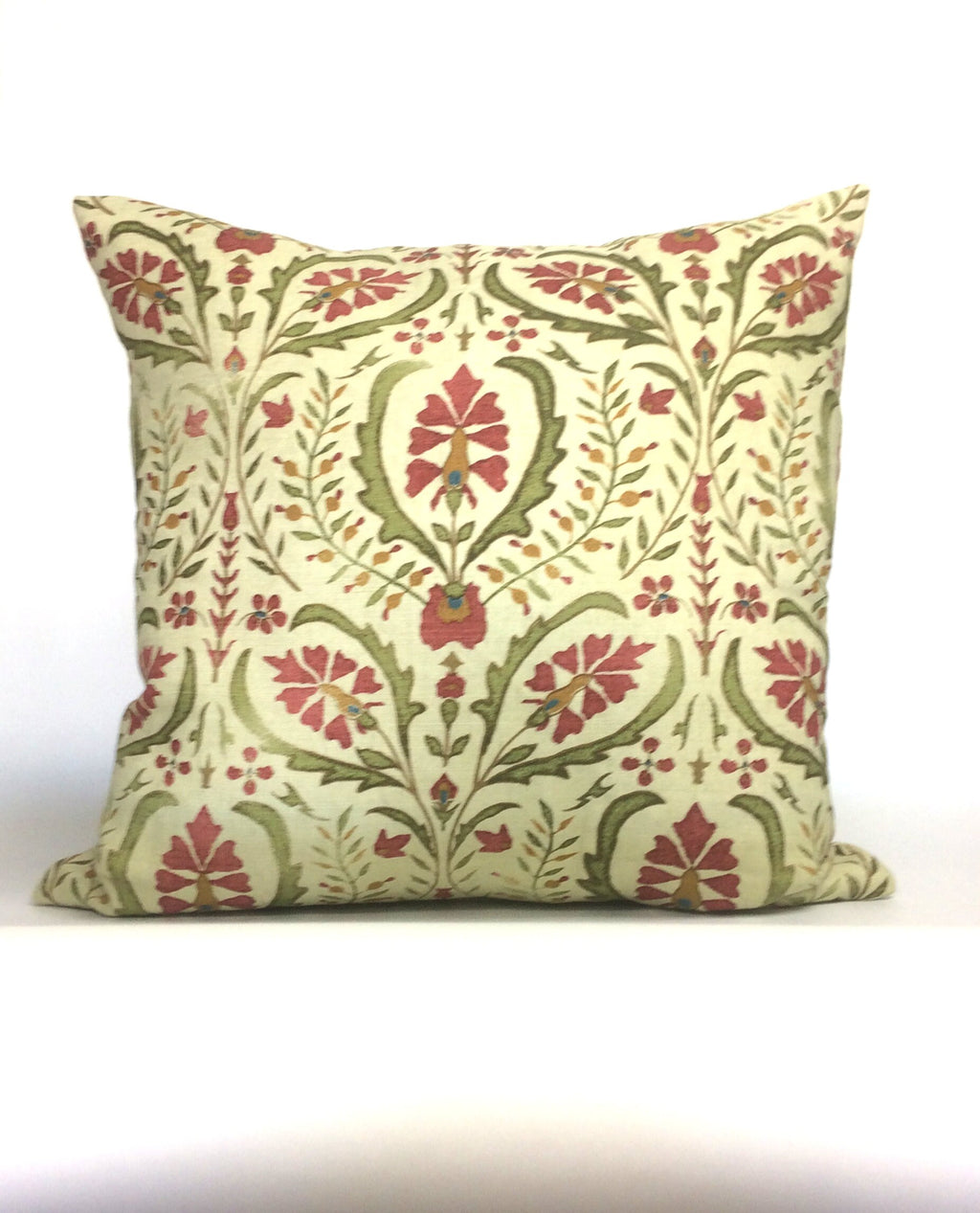 Suzani Print Linen Pillow: French Antique Style, Greens & Pinks (20x20)