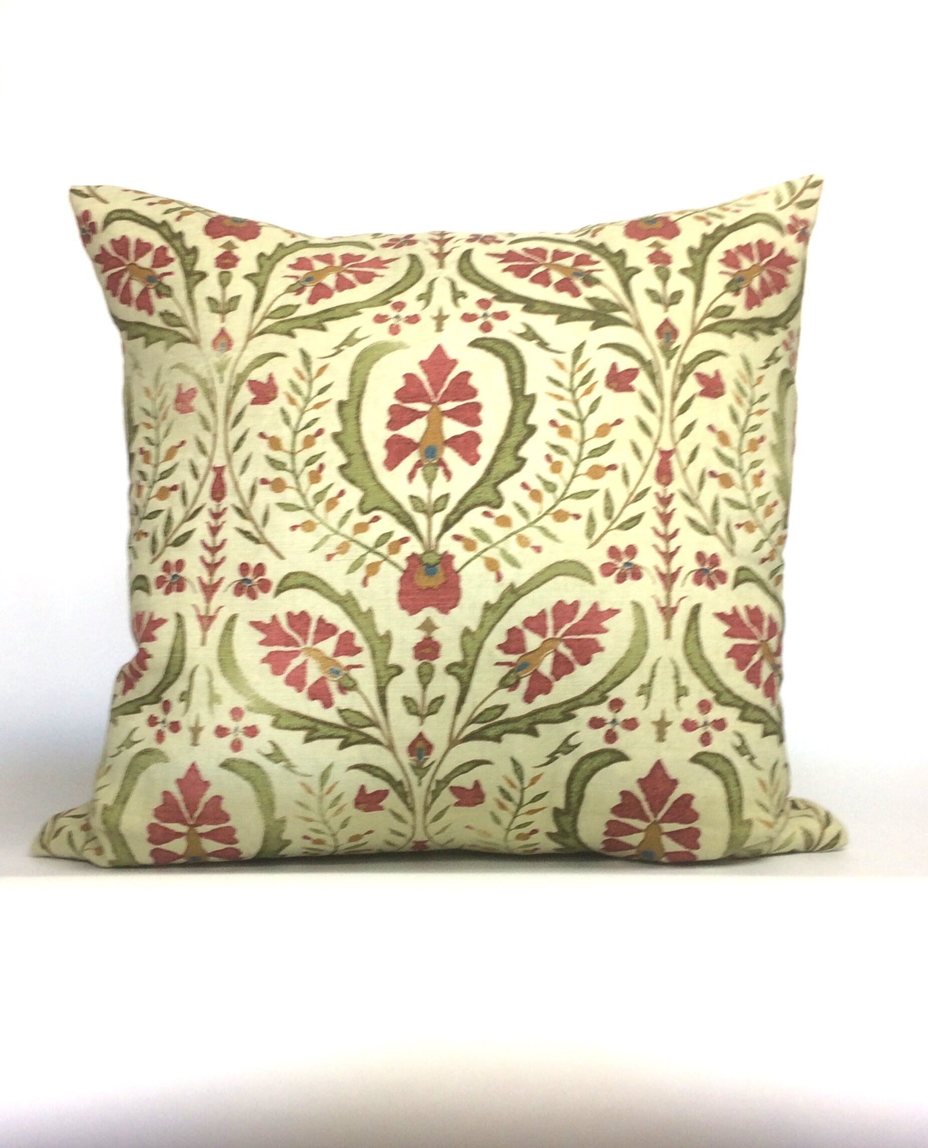 Suzani Print Linen Pillow: French Antique Style, Greens & Pinks (20x20)