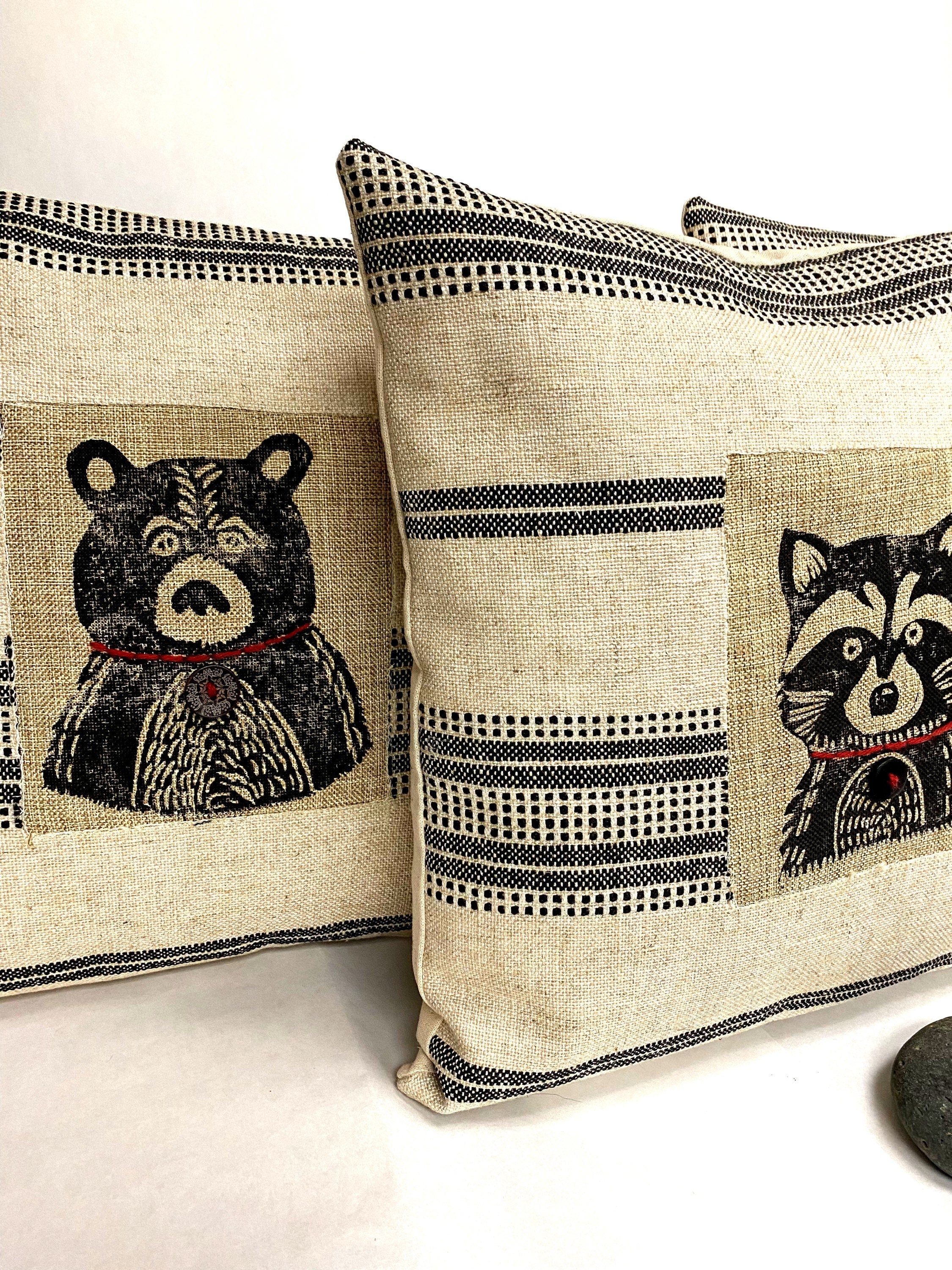 Hand Block Printed Animal Pillow: Rustic Winter Cabin Decor