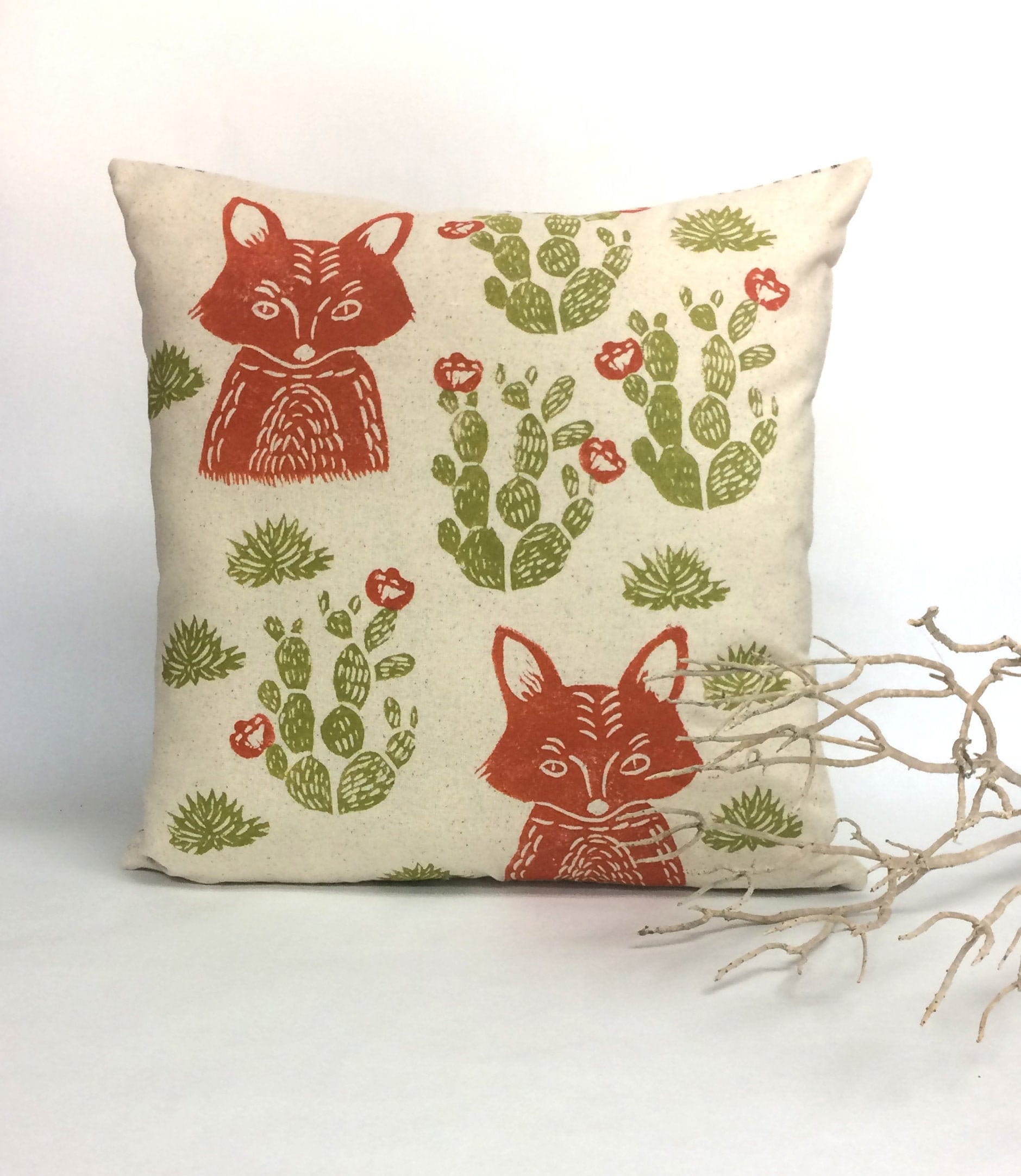 Hand Block Printed Fox Pillow: Desert Cactus Print, Beige Cotton