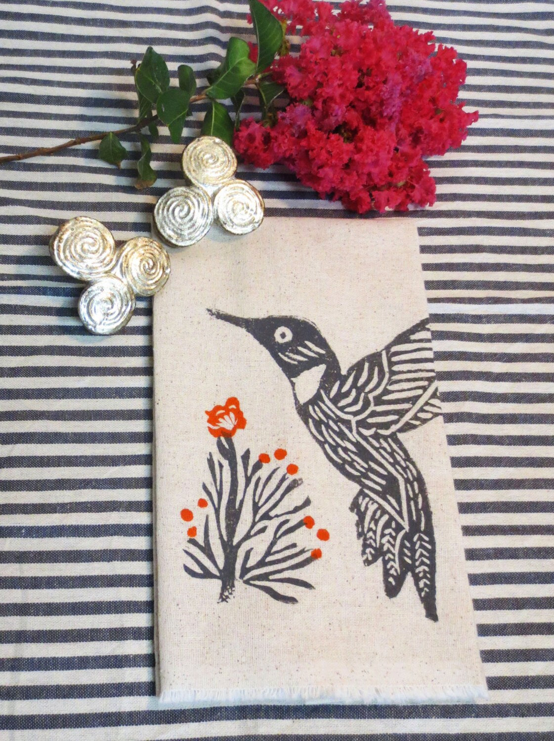 Hummingbird Tea Towel: Taupe Flax Cotton Hand Block Print