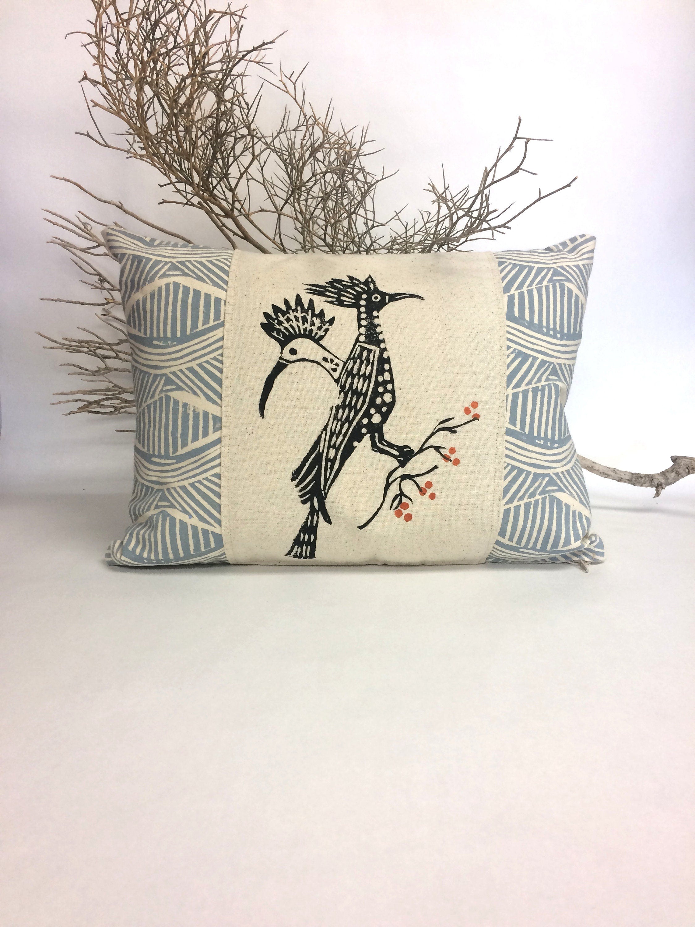 Vintage Roadrunner Print Kidney Pillow: Hand Block Printed Tribal Decor