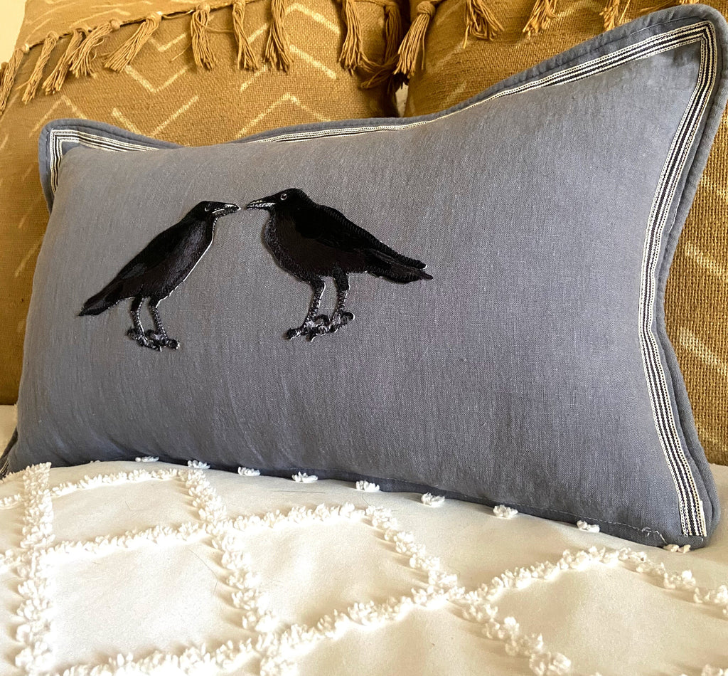 Slate Blue Embroidered Crow Raven Bird Linen Pillow