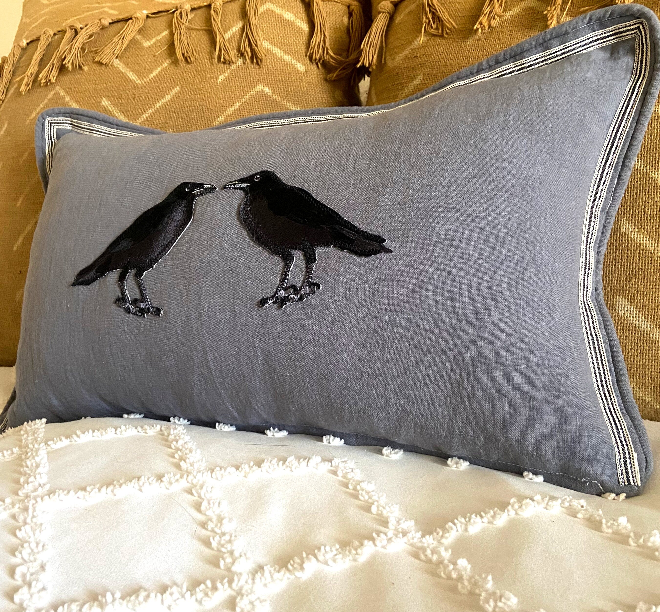 Slate Blue Embroidered Crow Raven Bird Linen Pillow
