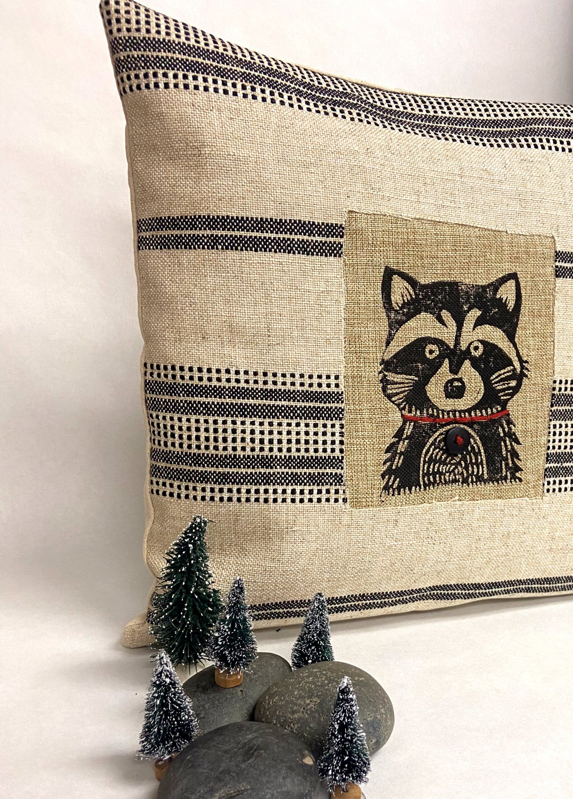 Hand Block Printed Animal Pillow: Rustic Winter Cabin Decor