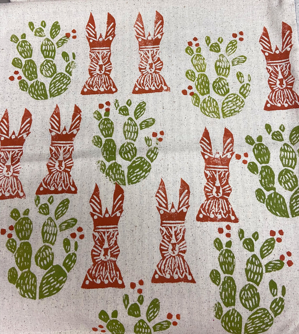 Hand Block Printed Fox Pillow: Desert Cactus Print, Beige Cotton