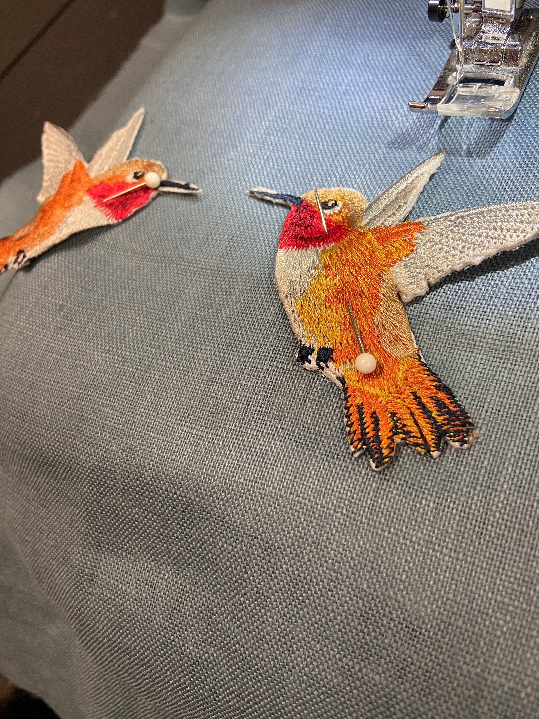 Embroidered Hummingbird Linen Pillow: Slate Blue & Orange Bird Applique