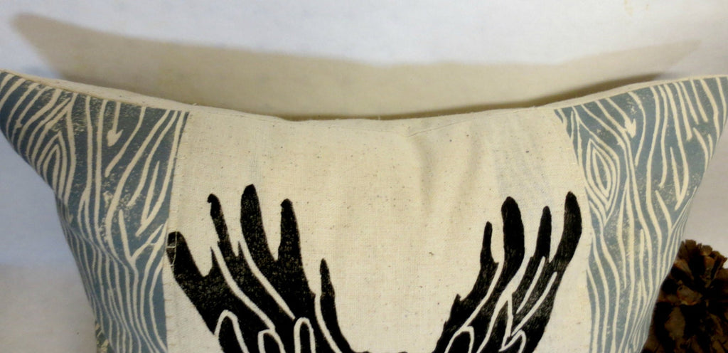 Moose Pillow: Woodland Wood Grain Print, Hand Carved