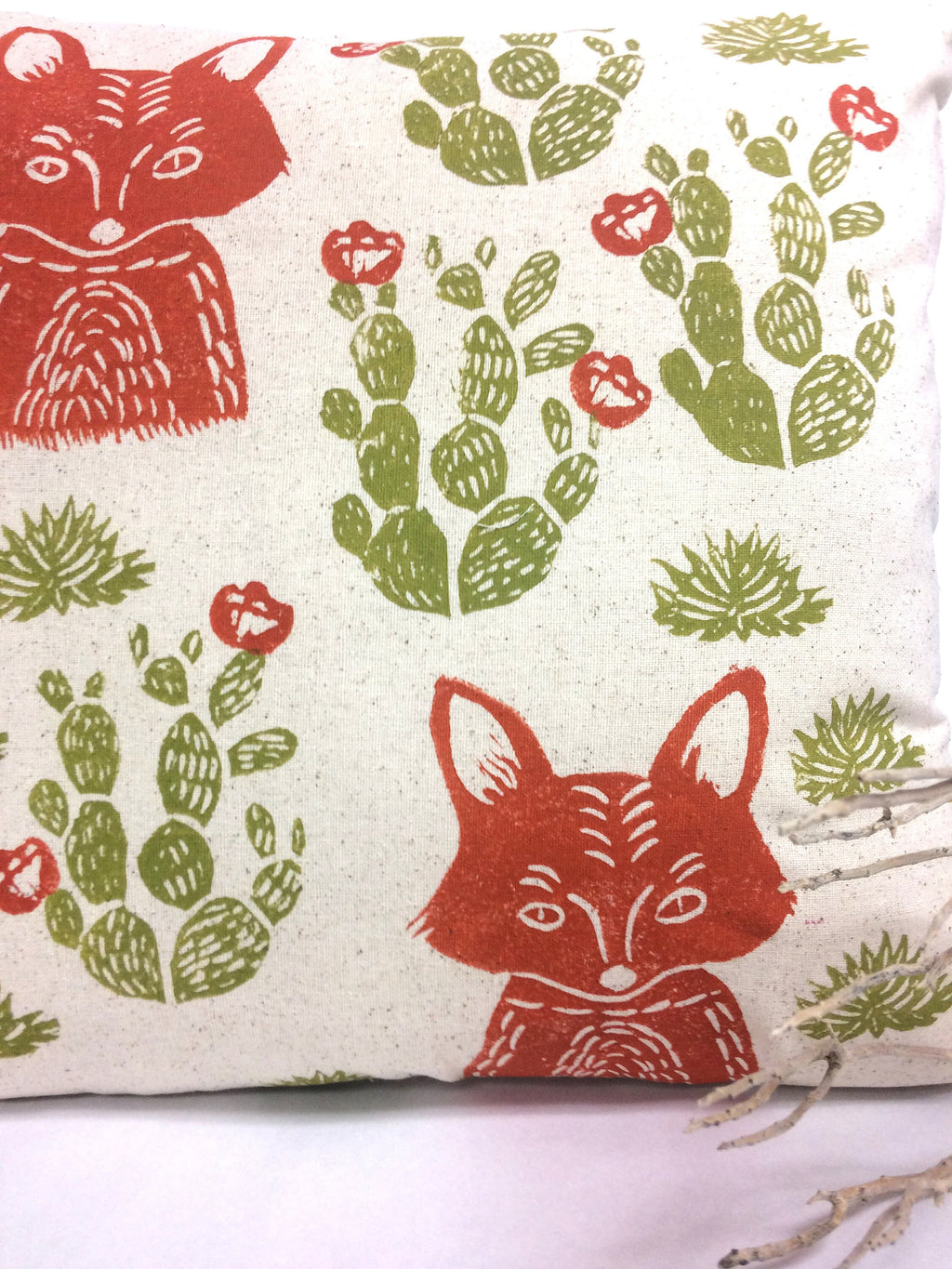 Hand Block Printed Fox Pillow: Desert Cactus Print, Beige Cotton